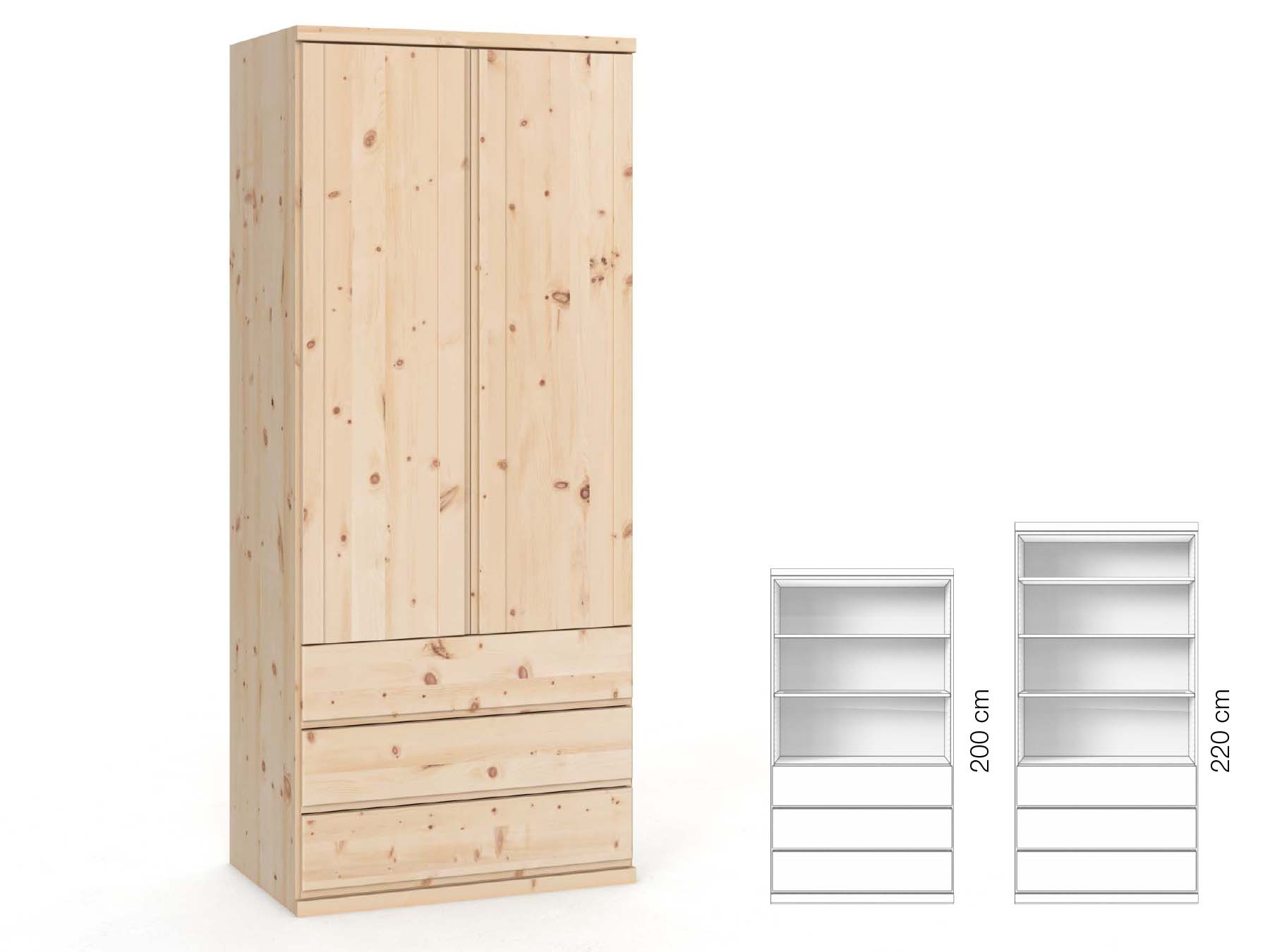 Zirbenschrank „Egon“, 2-türig, Höhe 220 cm, Griffausführung „Patrizia“, Inneneinrichtung: E