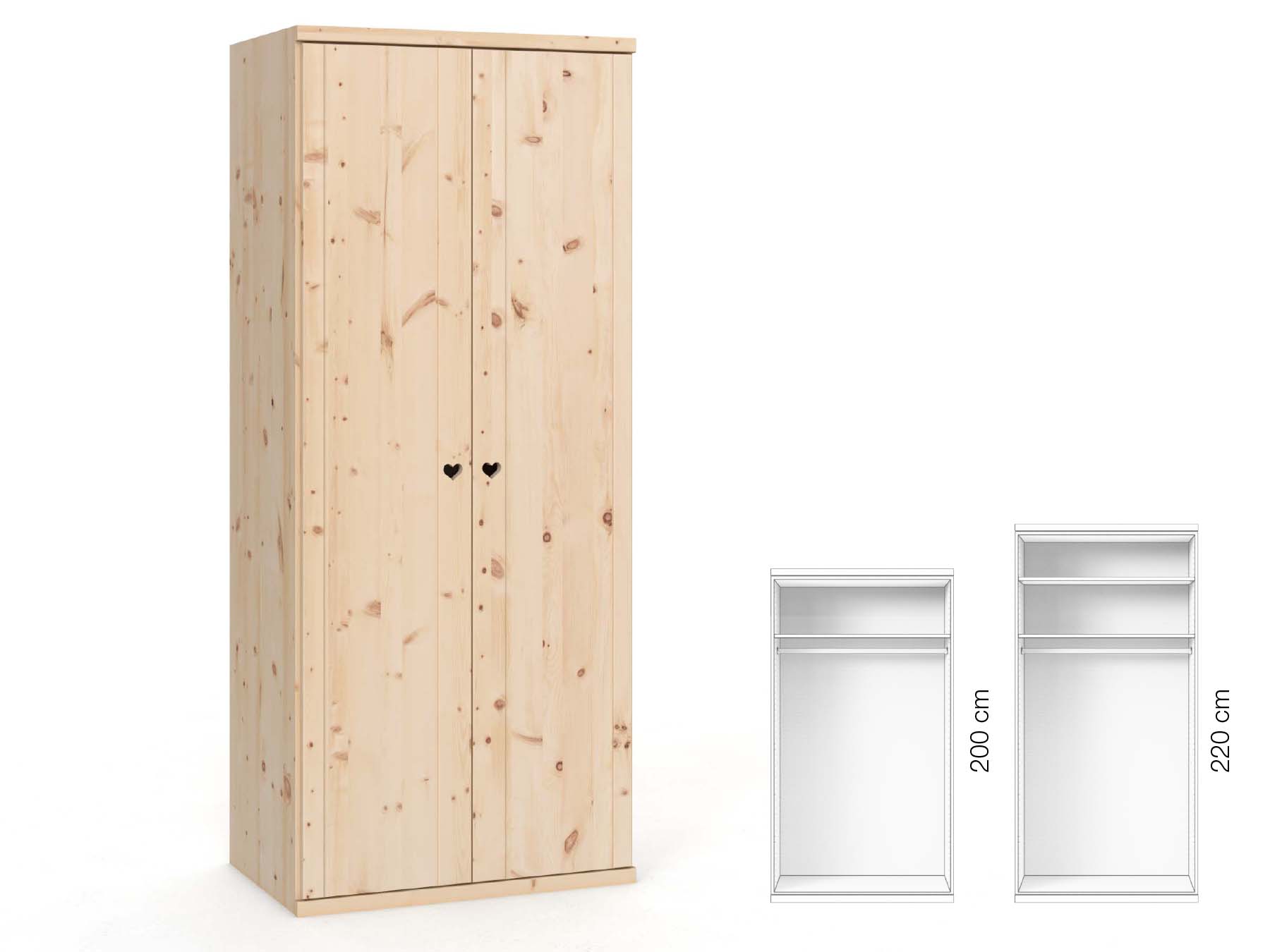 Zirbenschrank „Egon“, 2-türig, Höhe 220 cm, Griffausführung „Heidi“, Inneneinrichtung: A