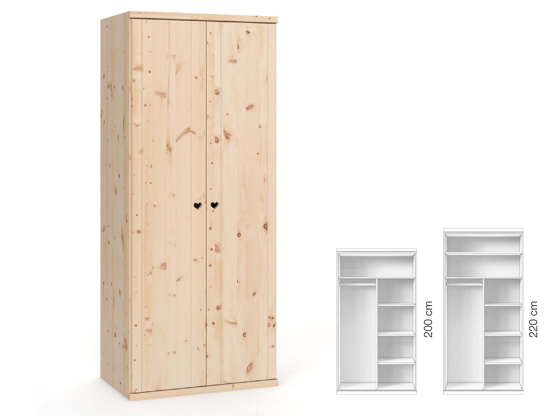 Zirbenschrank „Egon“, 2-türig, Höhe 220 cm, Griffausführung „Heidi“, Inneneinrichtung: B