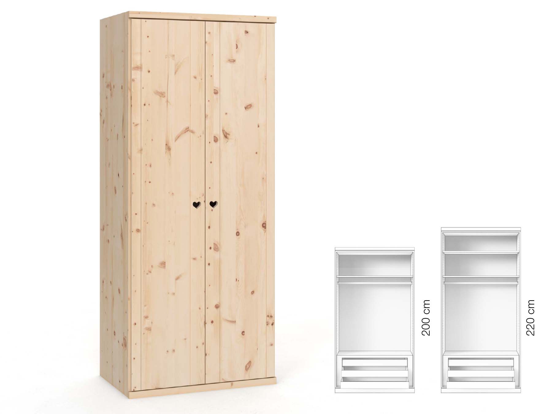 Zirbenschrank „Egon“, 2-türig, Höhe 220 cm, Griffausführung „Heidi“, Inneneinrichtung: D