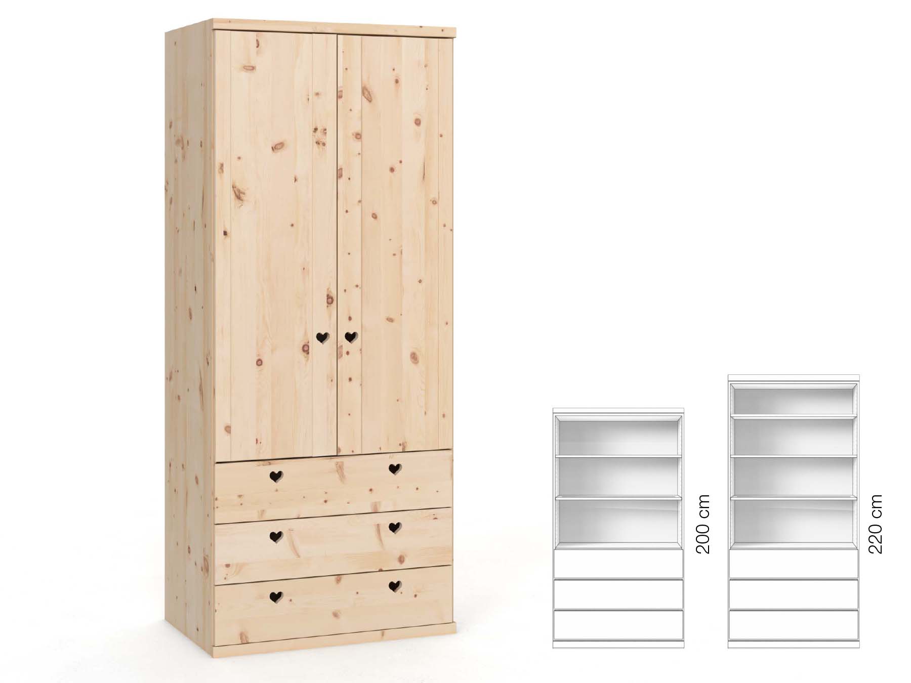 Zirbenschrank „Egon“, 2-türig, Höhe 220 cm, Griffausführung „Heidi“, Inneneinrichtung: E