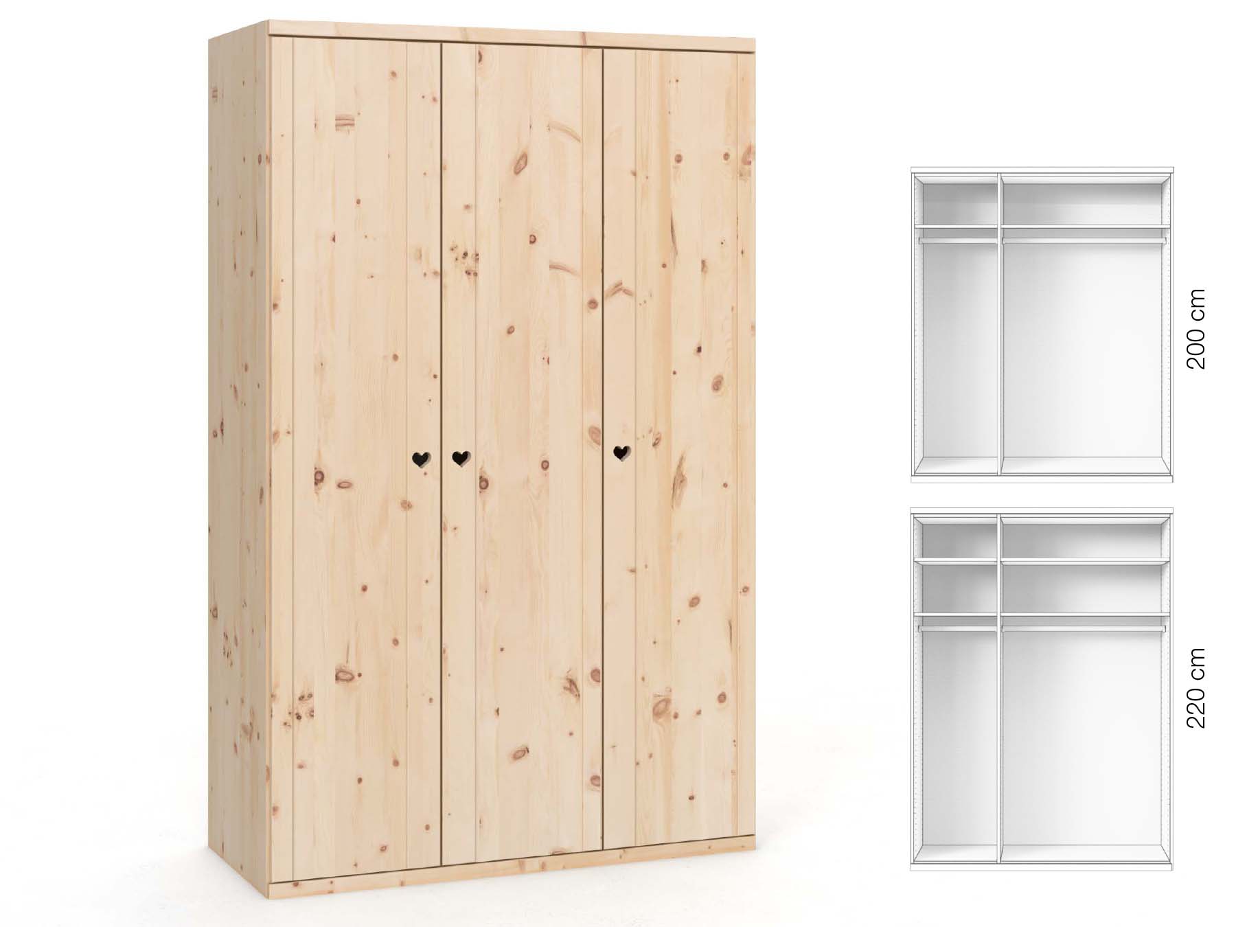 Zirbenschrank „Egon“, 3-türig, Höhe 220 cm, Griffausführung „Heidi“, Inneneinrichtung: A