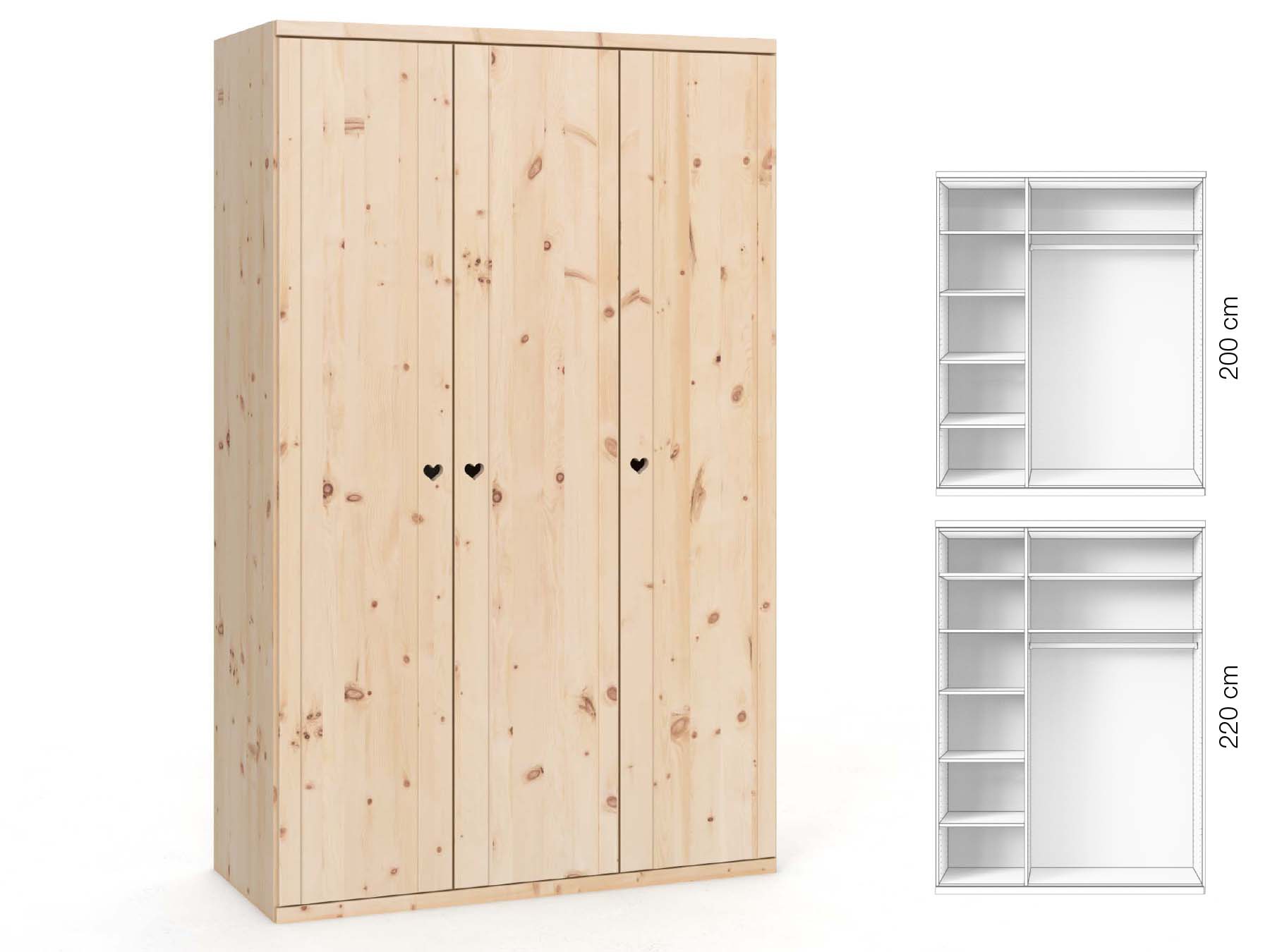Zirbenschrank „Egon“, 3-türig, Höhe 220 cm, Griffausführung „Heidi“, Inneneinrichtung: B