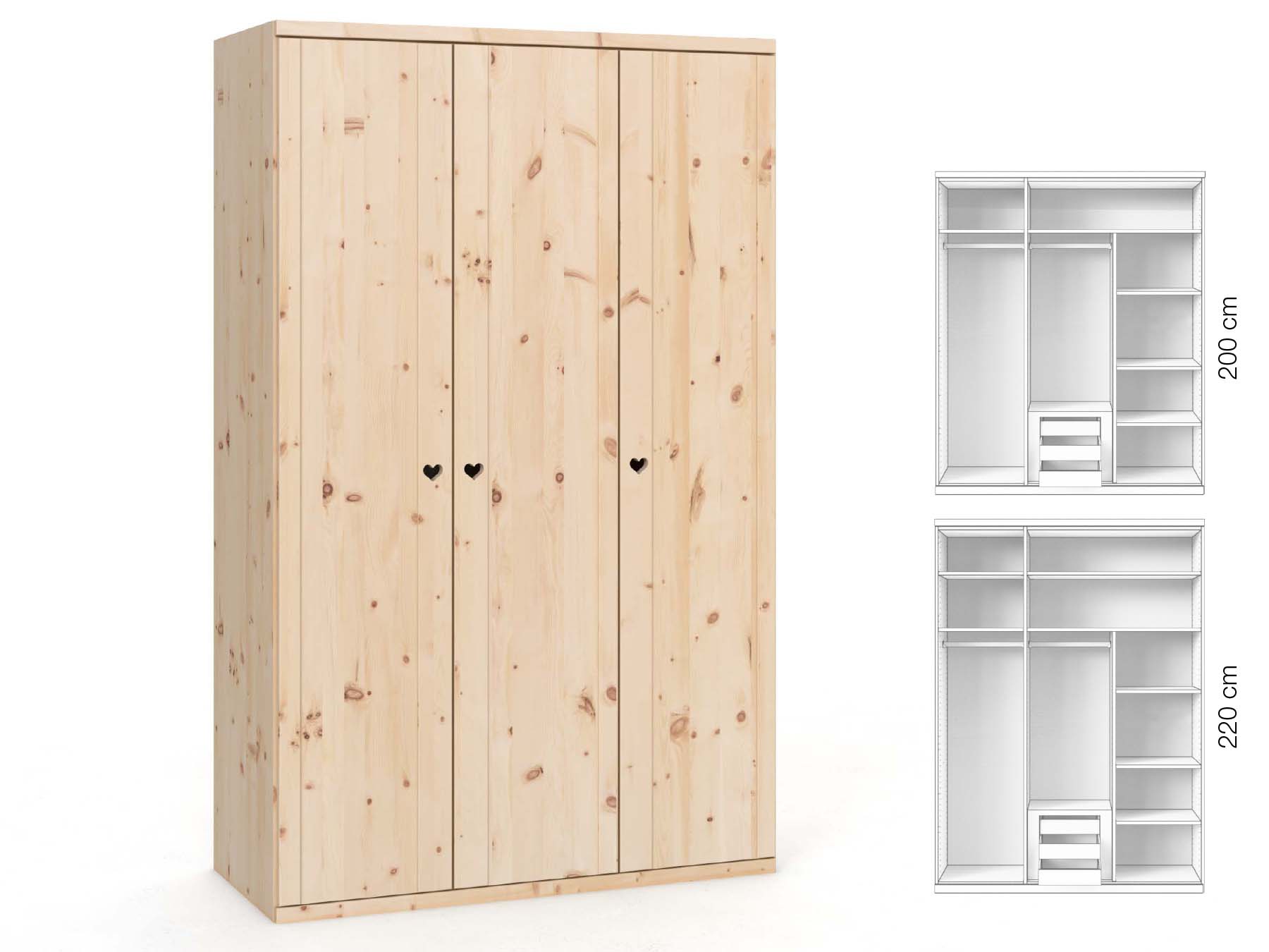 Zirbenschrank „Egon“, 3-türig, Höhe 220 cm, Griffausführung „Heidi“, Inneneinrichtung: D
