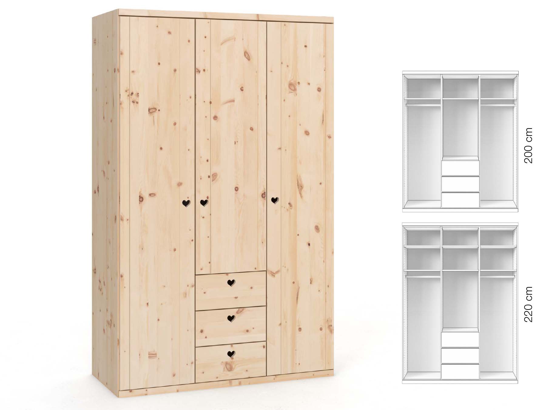 Zirbenschrank „Egon“, 3-türig, Höhe 220 cm, Griffausführung „Heidi“, Inneneinrichtung: E