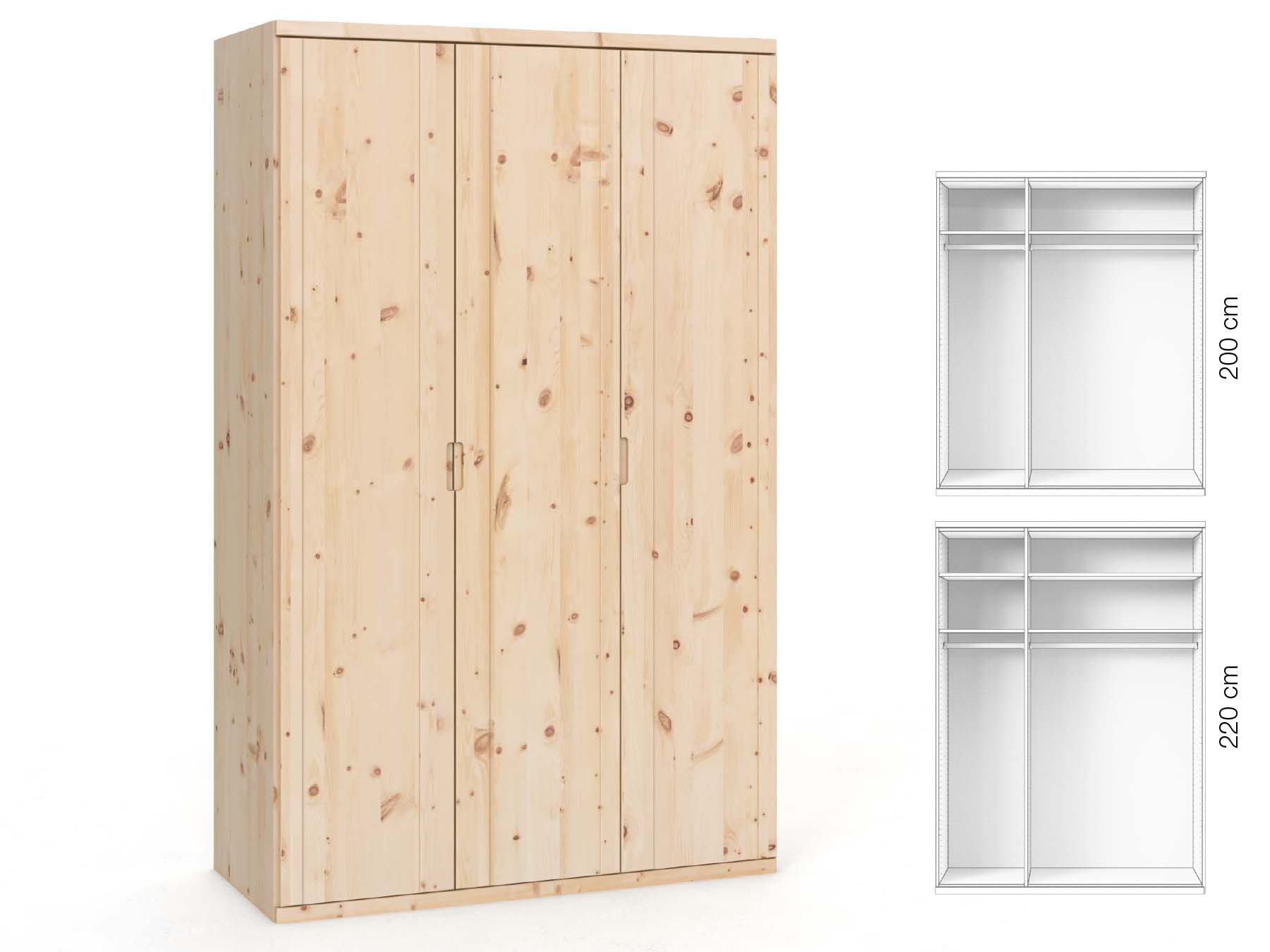 Zirbenschrank „Egon“, 3-türig, Höhe 220 cm, Griffausführung „Lukas“, Inneneinrichtung: A