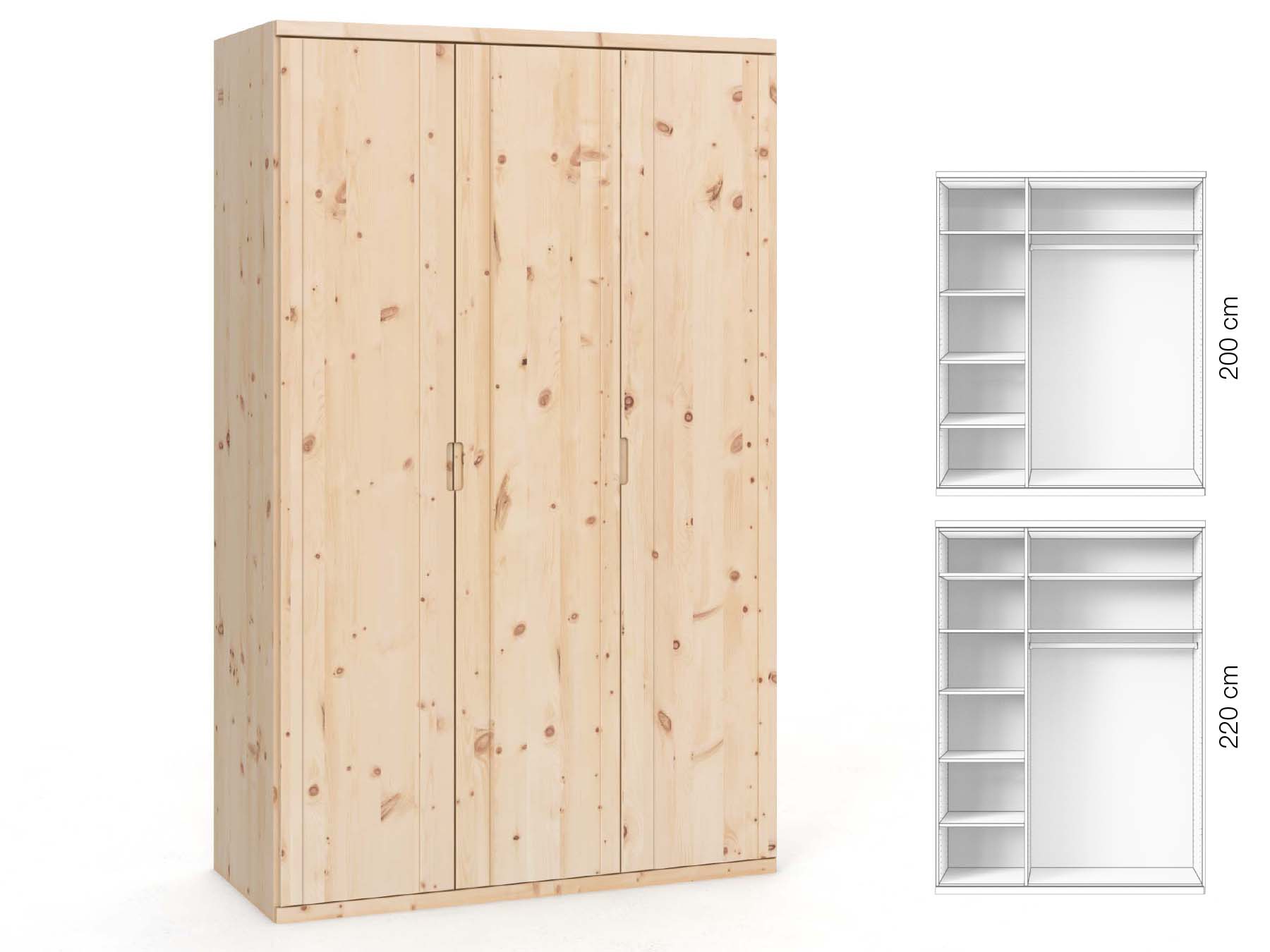 Zirbenschrank „Egon“, 3-türig, Höhe 220 cm, Griffausführung „Lukas“, Inneneinrichtung: B