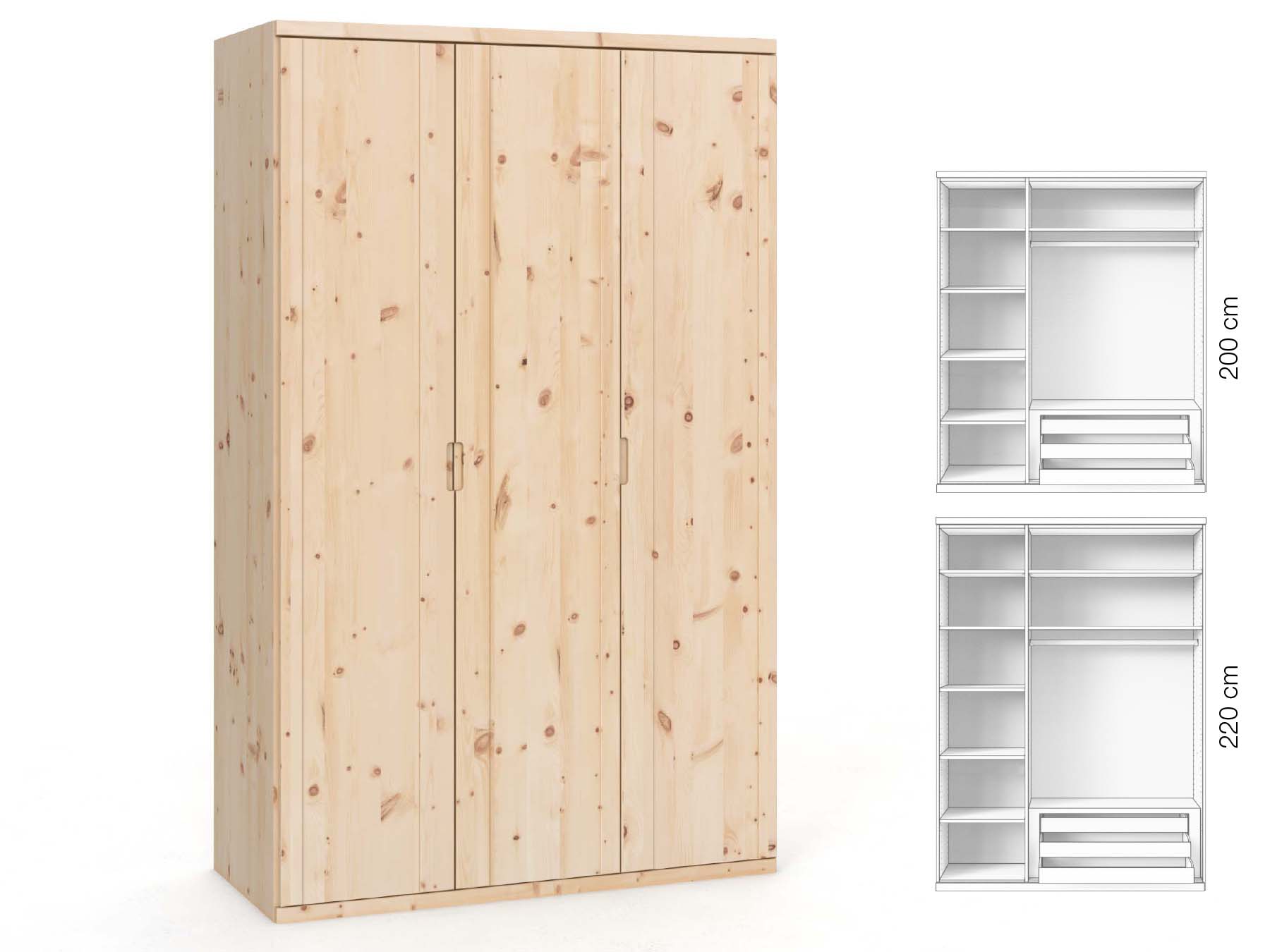 Zirbenschrank „Egon“, 3-türig, Höhe 220 cm, Griffausführung „Lukas“, Inneneinrichtung: C