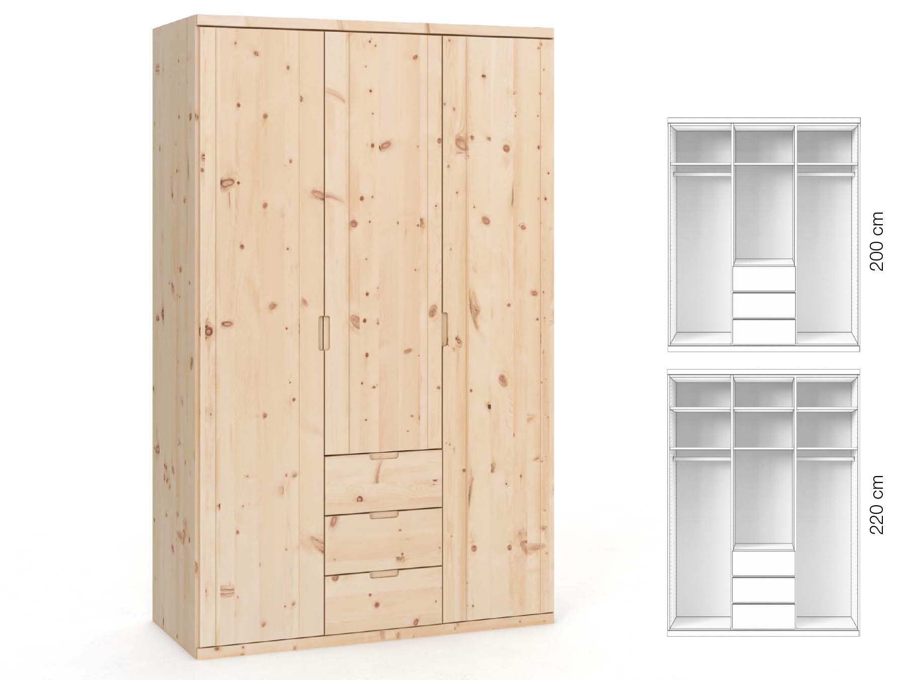 Zirbenschrank „Egon“, 3-türig, Höhe 220 cm, Griffausführung „Lukas“, Inneneinrichtung: E