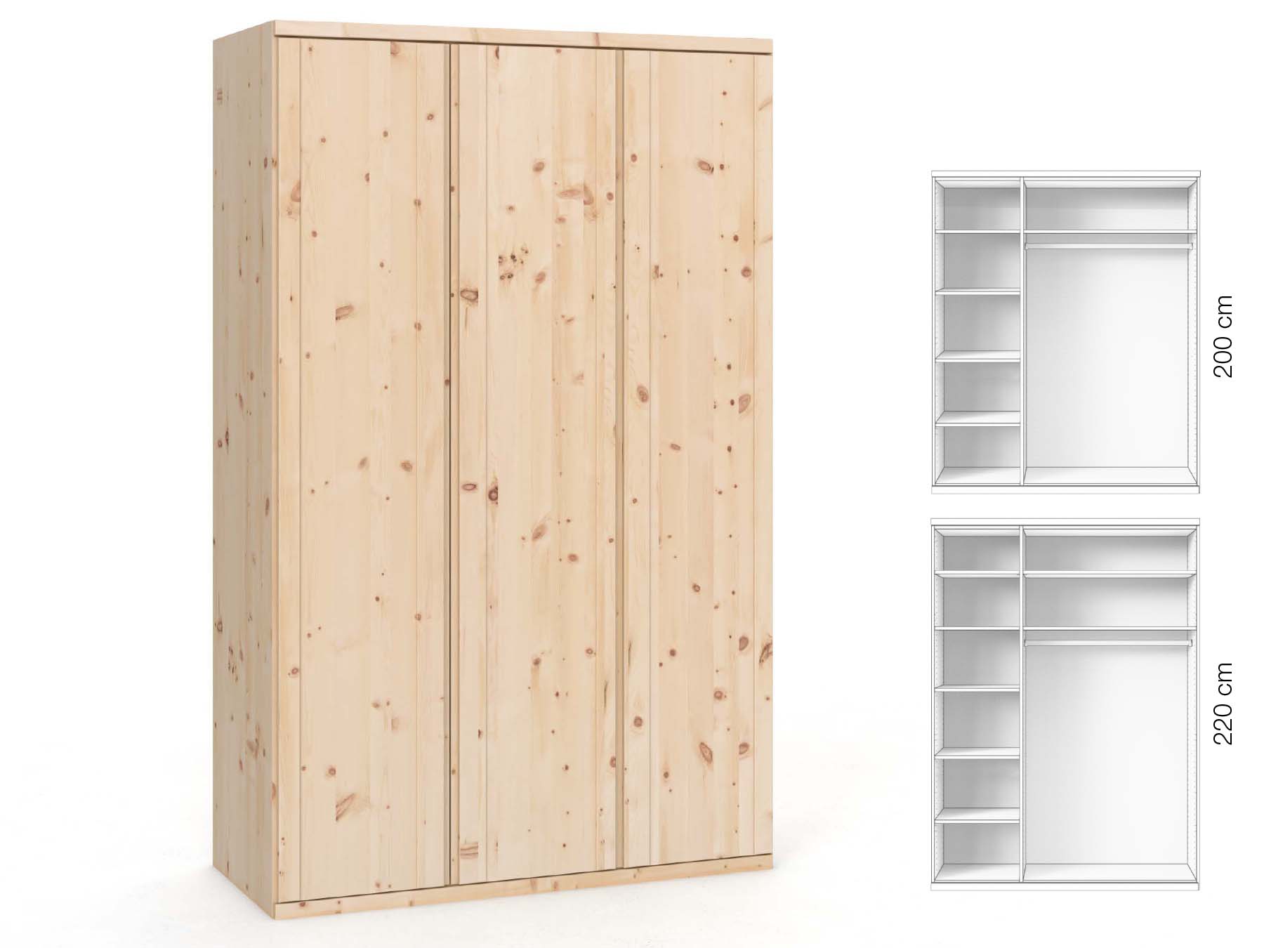 Zirbenschrank „Egon“, 3-türig, Höhe 220 cm, Griffausführung „Patrizia“, Inneneinrichtung: B