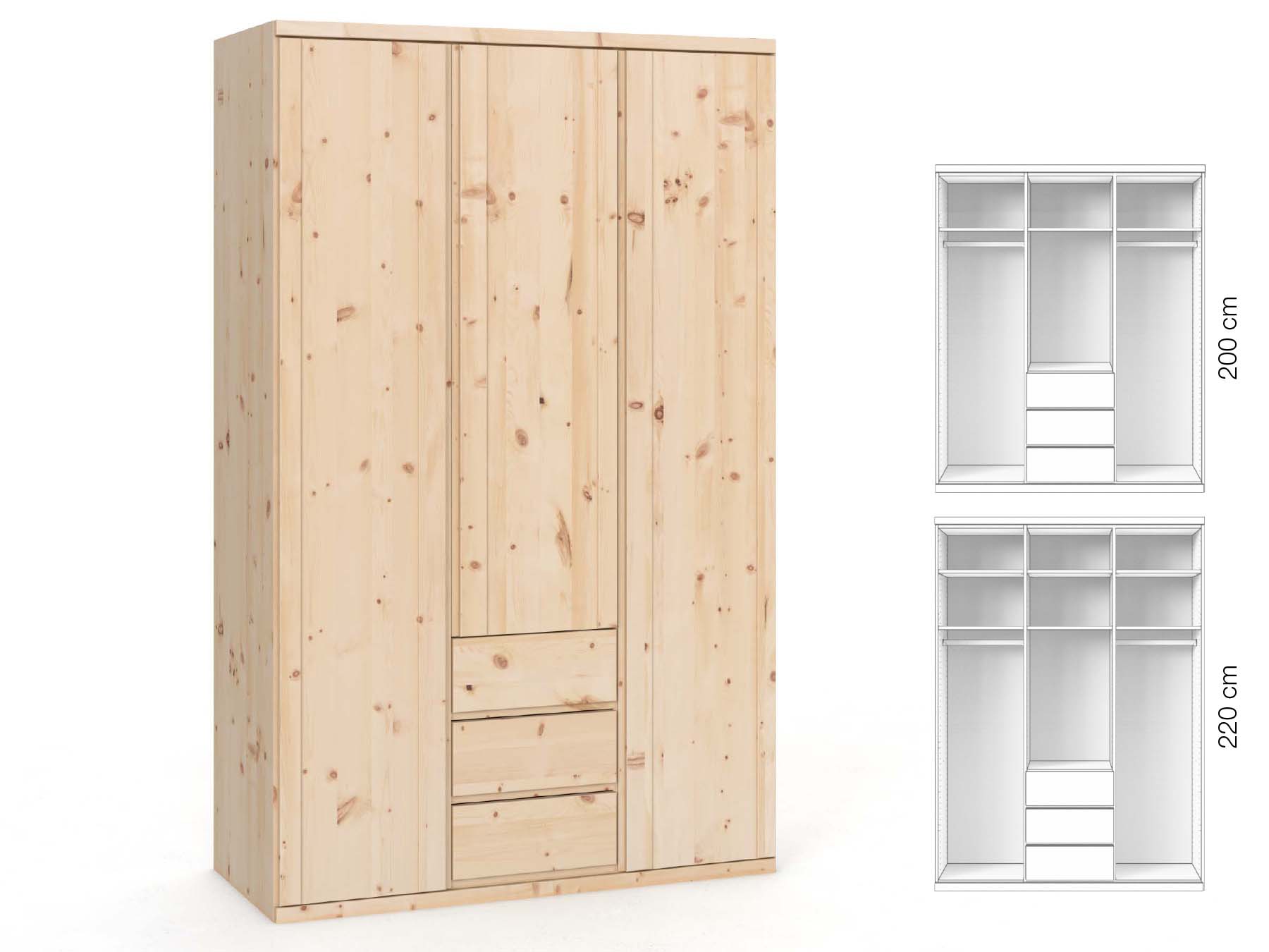Zirbenschrank „Egon“, 3-türig, Höhe 220 cm, Griffausführung „Patrizia“, Inneneinrichtung: E