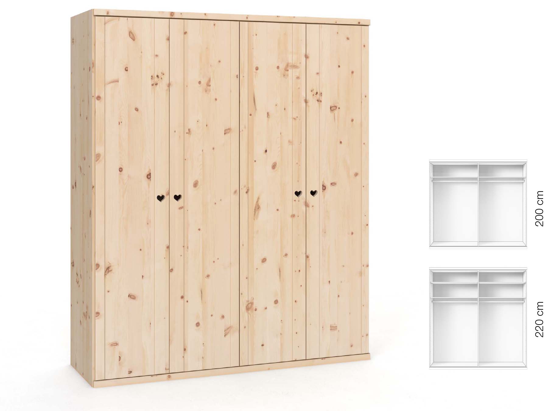 Zirbenschrank „Egon“, 4-türig, Höhe 220 cm, Griffausführung „Heidi“, Inneneinrichtung: A