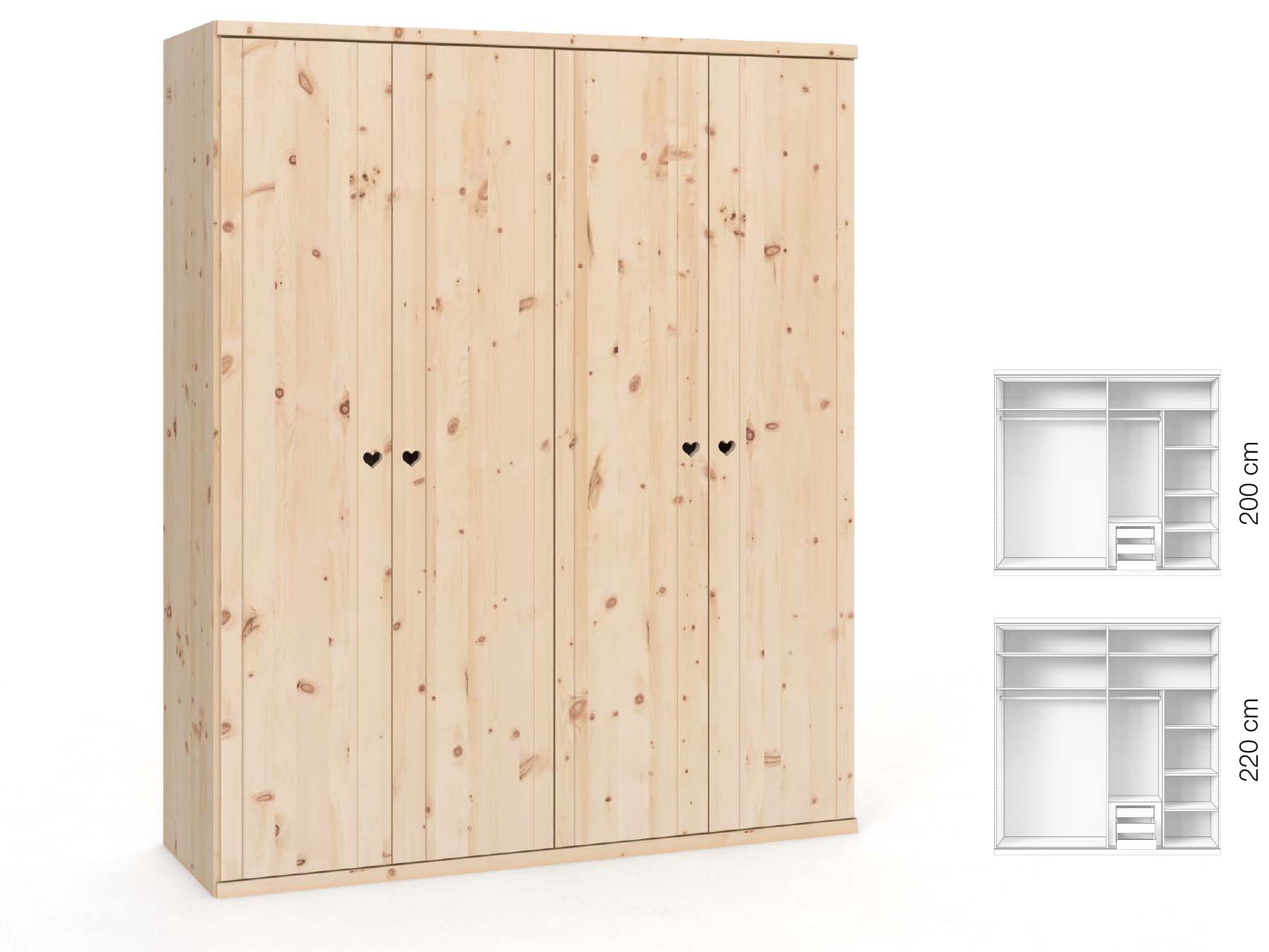 Zirbenschrank „Egon“, 4-türig, Höhe 220 cm, Griffausführung „Heidi“, Inneneinrichtung: D