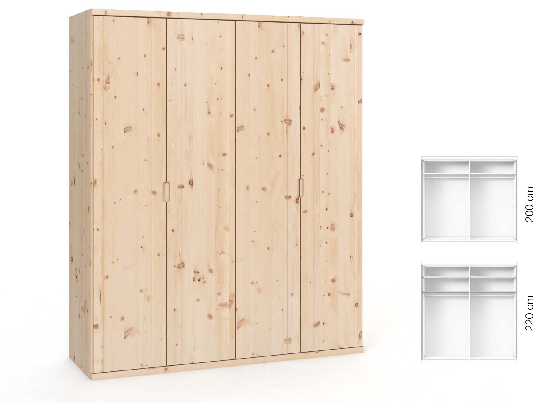 Zirbenschrank „Egon“, 4-türig, Höhe 220 cm, Griffausführung „Lukas“, Inneneinrichtung: A