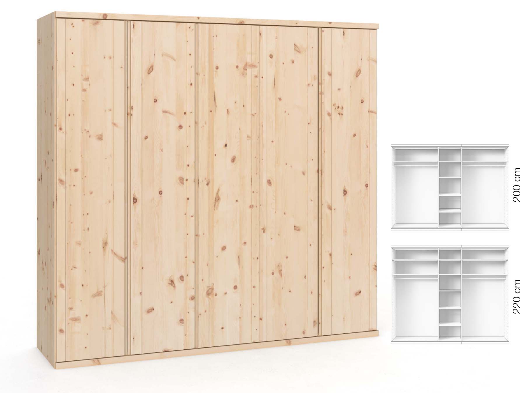 Zirbenschrank „Egon“, 5-türig, Höhe 220 cm, Griffausführung „Patrizia“, Inneneinrichtung: B