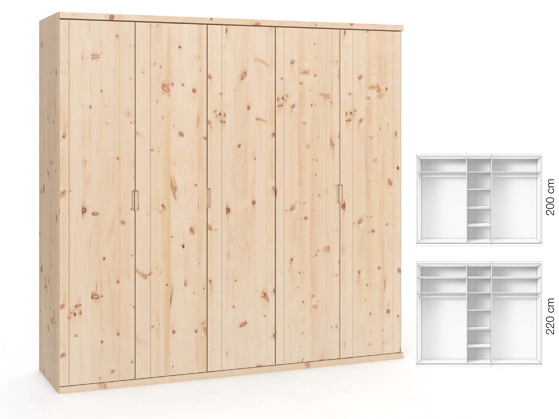 Zirbenschrank „Egon“, 5-türig, Höhe 220 cm, Griffausführung „Lukas“, Inneneinrichtung: B