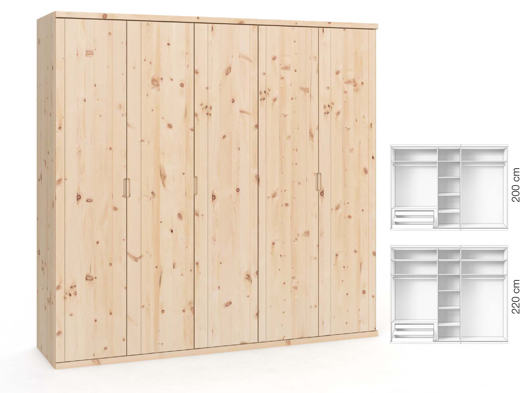 Zirbenschrank „Egon“, 5-türig, Höhe 220 cm, Griffausführung „Lukas“, Inneneinrichtung: C
