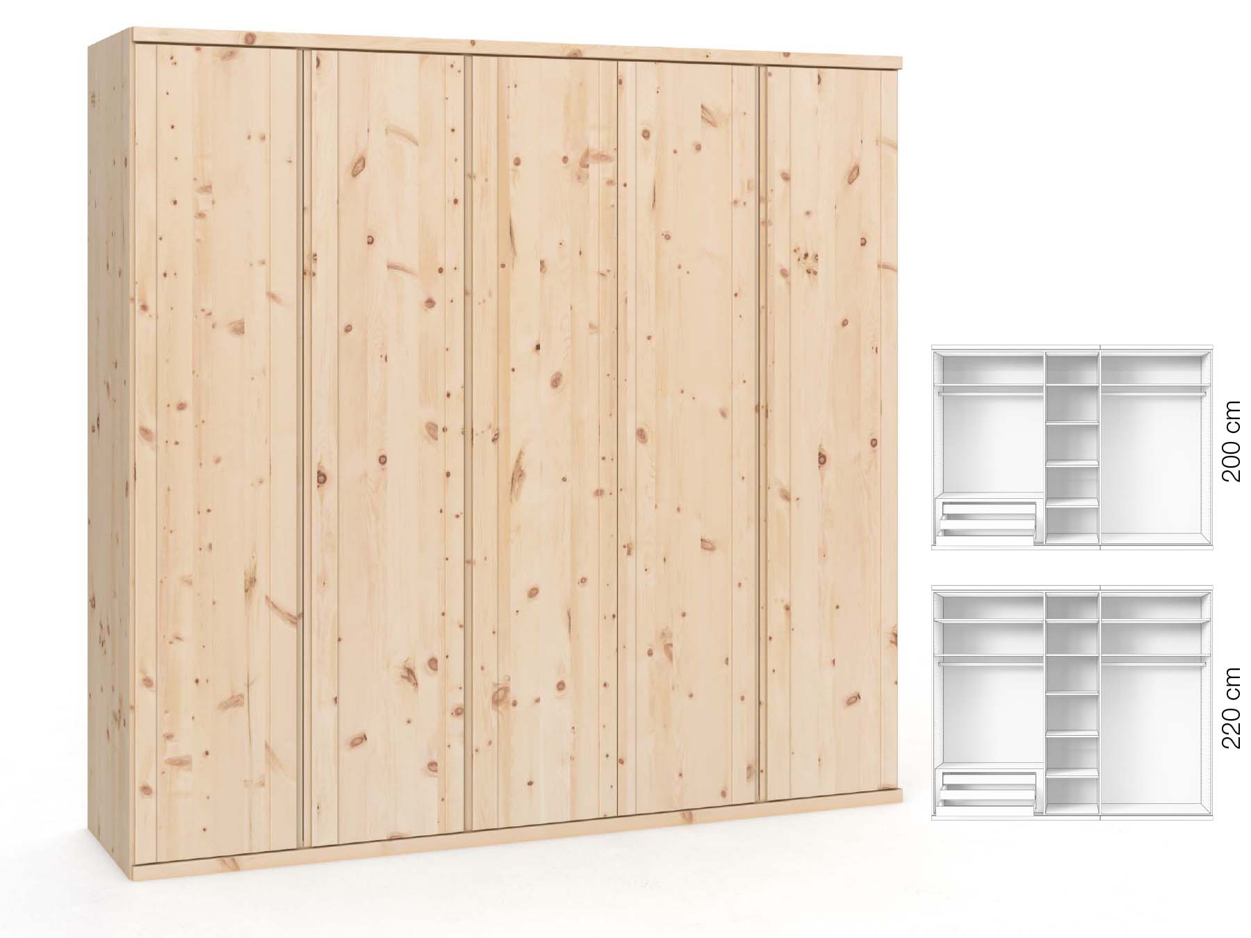 Zirbenschrank „Egon“, 5-türig, Höhe 220 cm, Griffausführung „Patrizia“, Inneneinrichtung: C