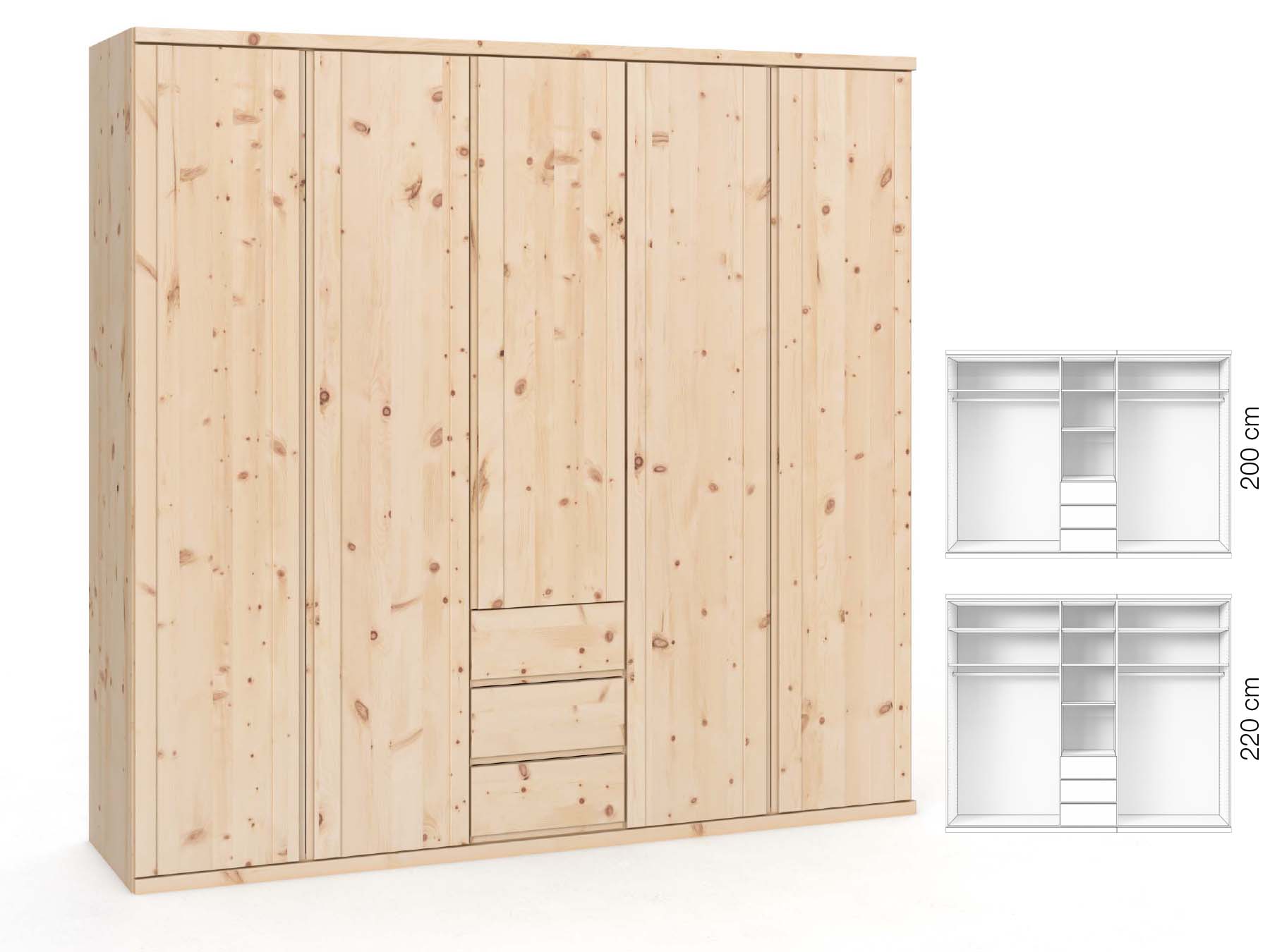 Zirbenschrank „Egon“, 5-türig, Höhe 220 cm, Griffausführung „Patrizia“, Inneneinrichtung: E