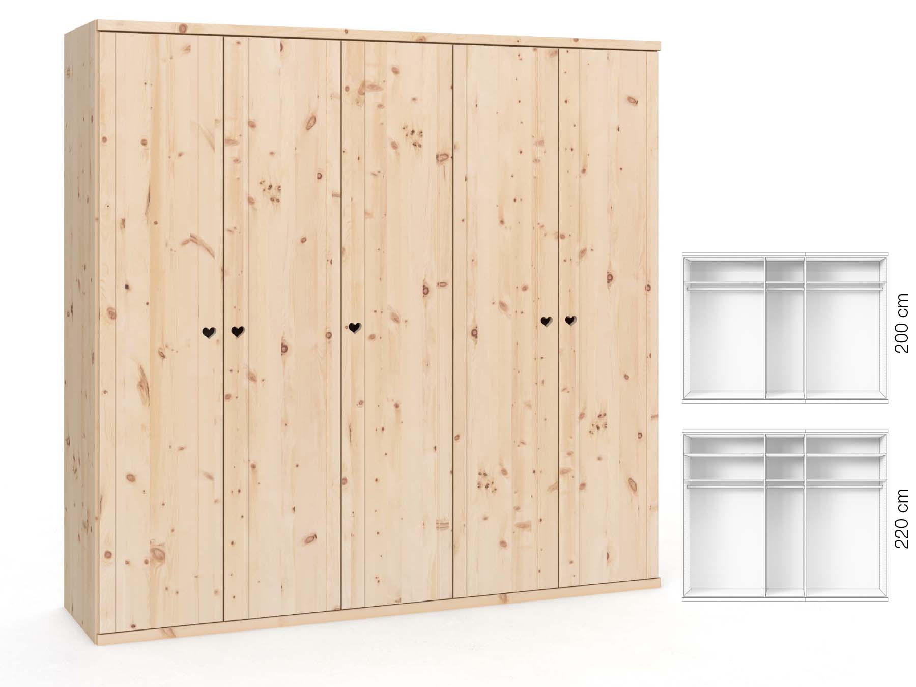 Zirbenschrank „Egon“, 5-türig, Höhe 220 cm, Griffausführung „Heidi“, Inneneinrichtung: A