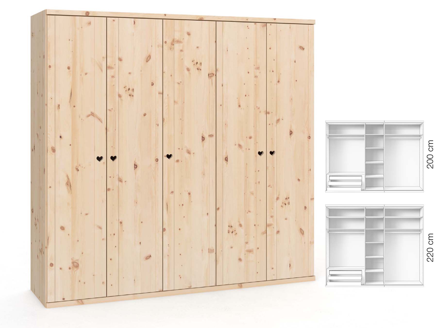 Zirbenschrank „Egon“, 5-türig, Höhe 220 cm, Griffausführung „Heidi“, Inneneinrichtung: C