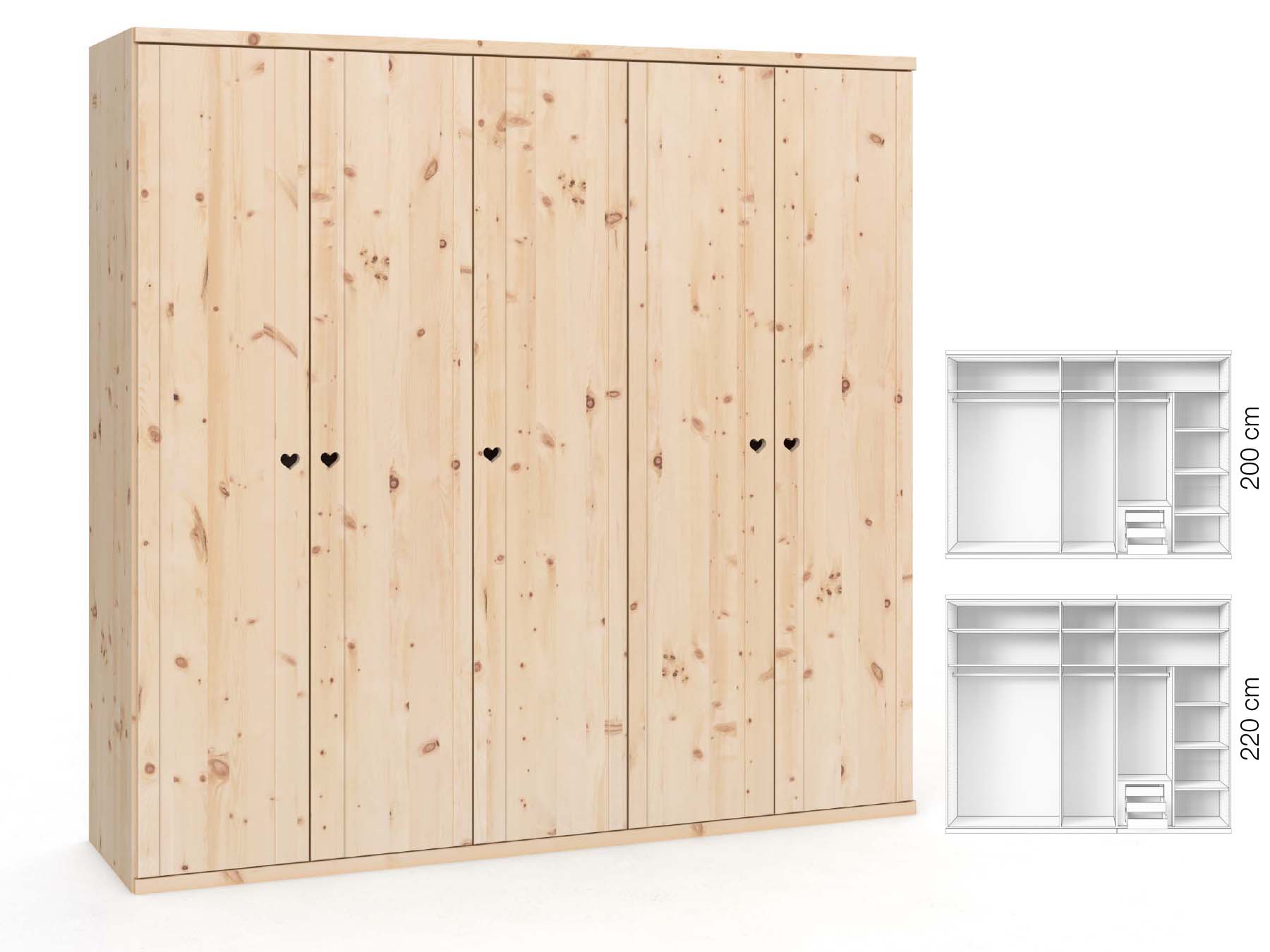 Zirbenschrank „Egon“, 5-türig, Höhe 220 cm, Griffausführung „Heidi“, Inneneinrichtung: D