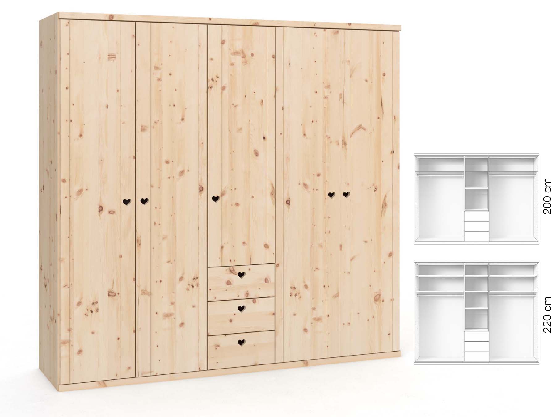 Zirbenschrank „Egon“, 5-türig, Höhe 220 cm, Griffausführung „Heidi“, Inneneinrichtung: E