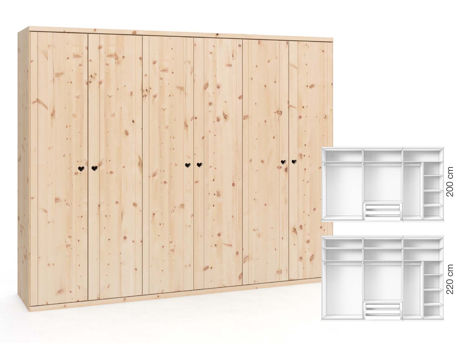 Zirbenschrank „Egon“, 6-türig, Höhe 220 cm, Griffausführung „Heidi“, Inneneinrichtung: B