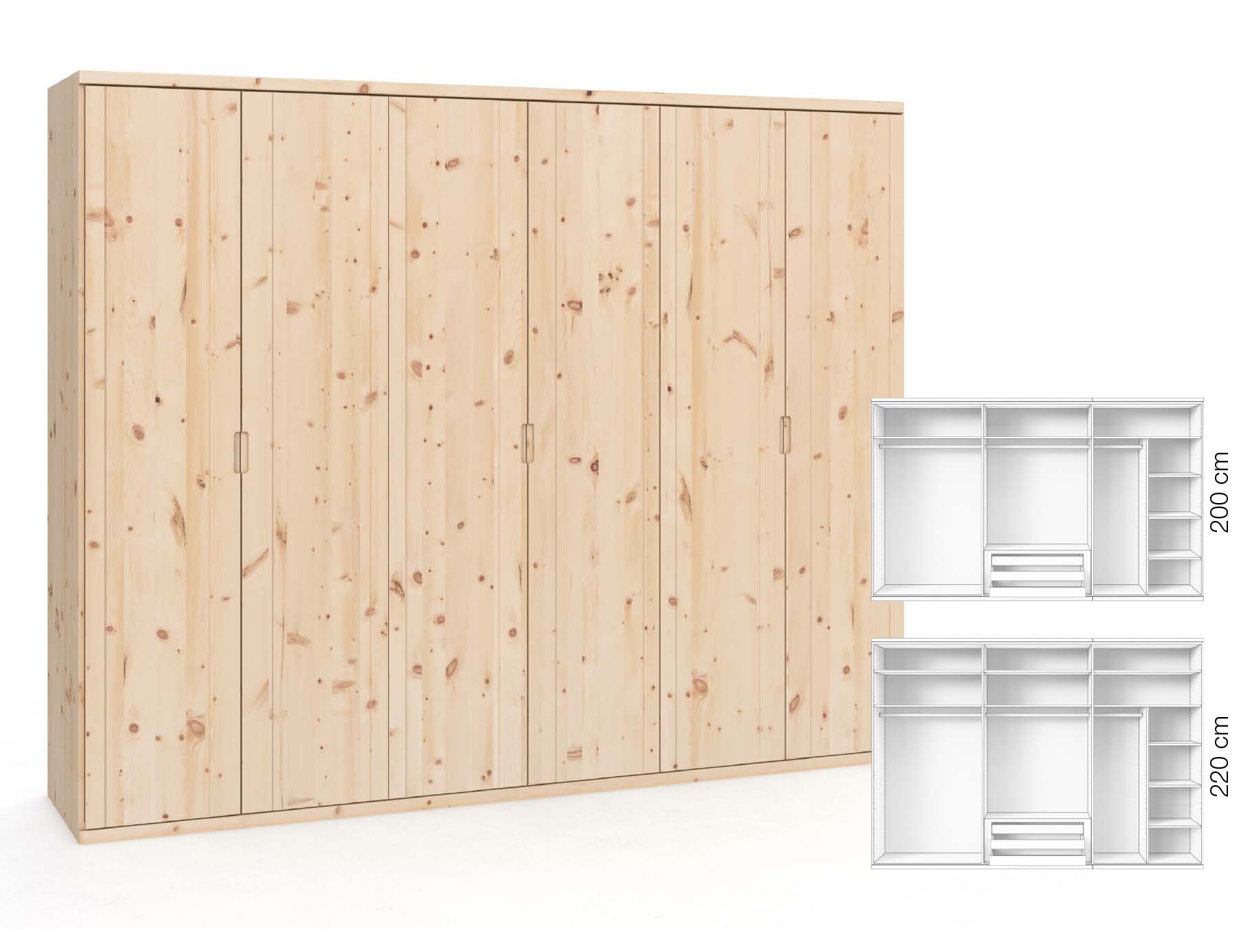 Zirbenschrank „Egon“, 6-türig, Höhe 220 cm, Griffausführung „Lukas“, Inneneinrichtung: B