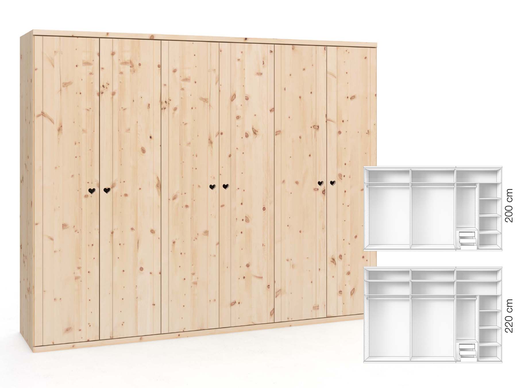 Zirbenschrank „Egon“, 6-türig, Höhe 220 cm, Griffausführung „Heidi“, Inneneinrichtung: C