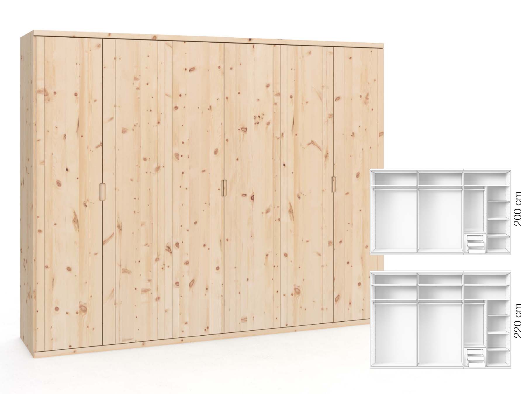 Zirbenschrank „Egon“, 6-türig, Höhe 220 cm, Griffausführung „Lukas“, Inneneinrichtung: C