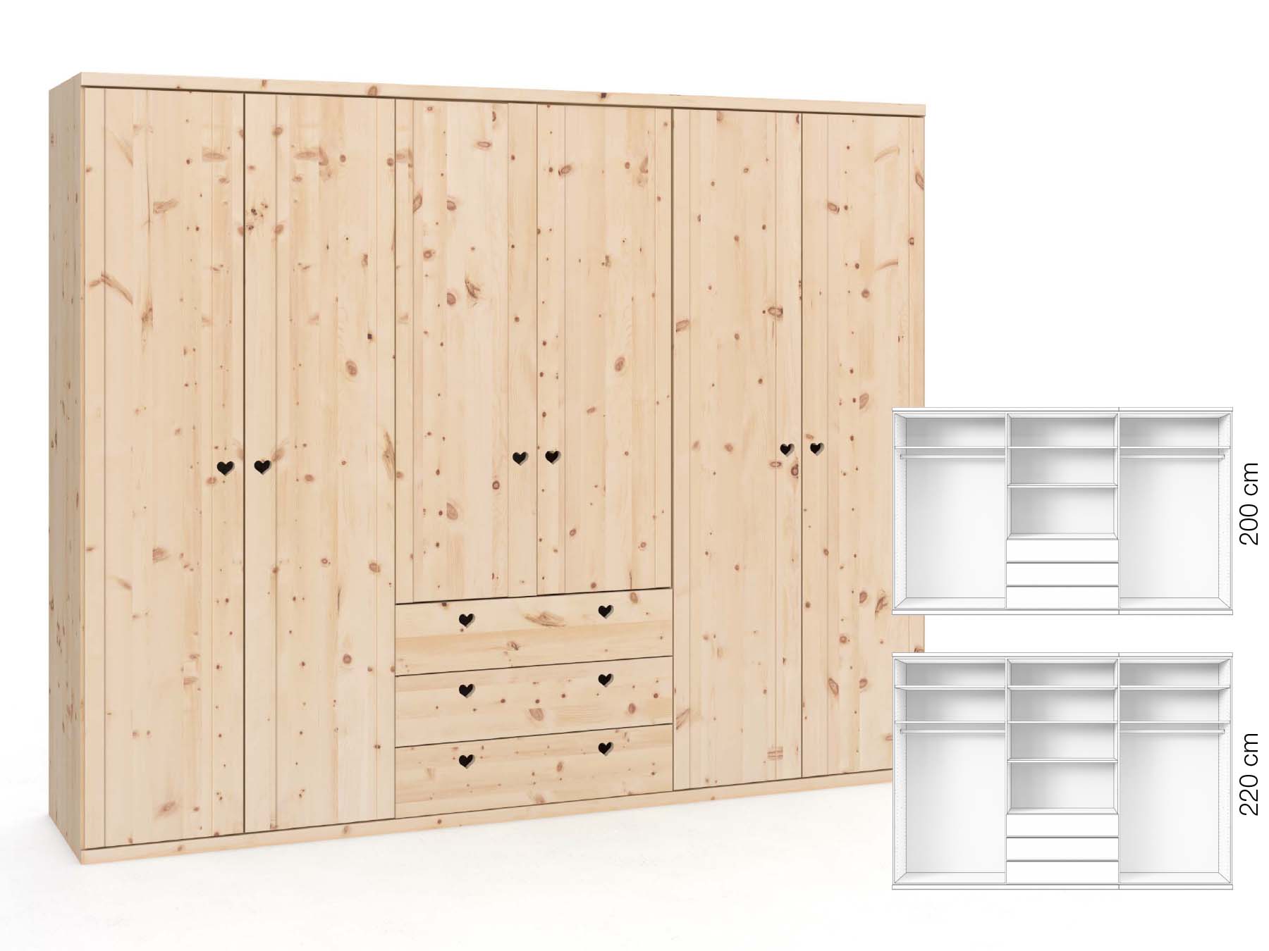 Zirbenschrank „Egon“, 6-türig, Höhe 220 cm, Griffausführung „Heidi“, Inneneinrichtung: D