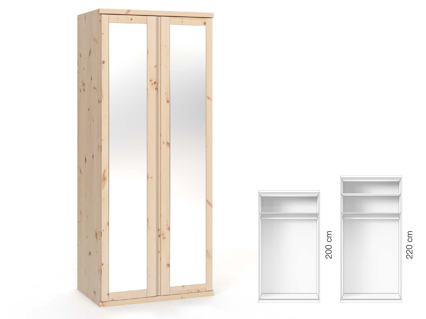 Zirbenschrank „Sandra“, 2-türig, Höhe 220 cm, Griffausführung „Patrizia“, Inneneinrichtung: A