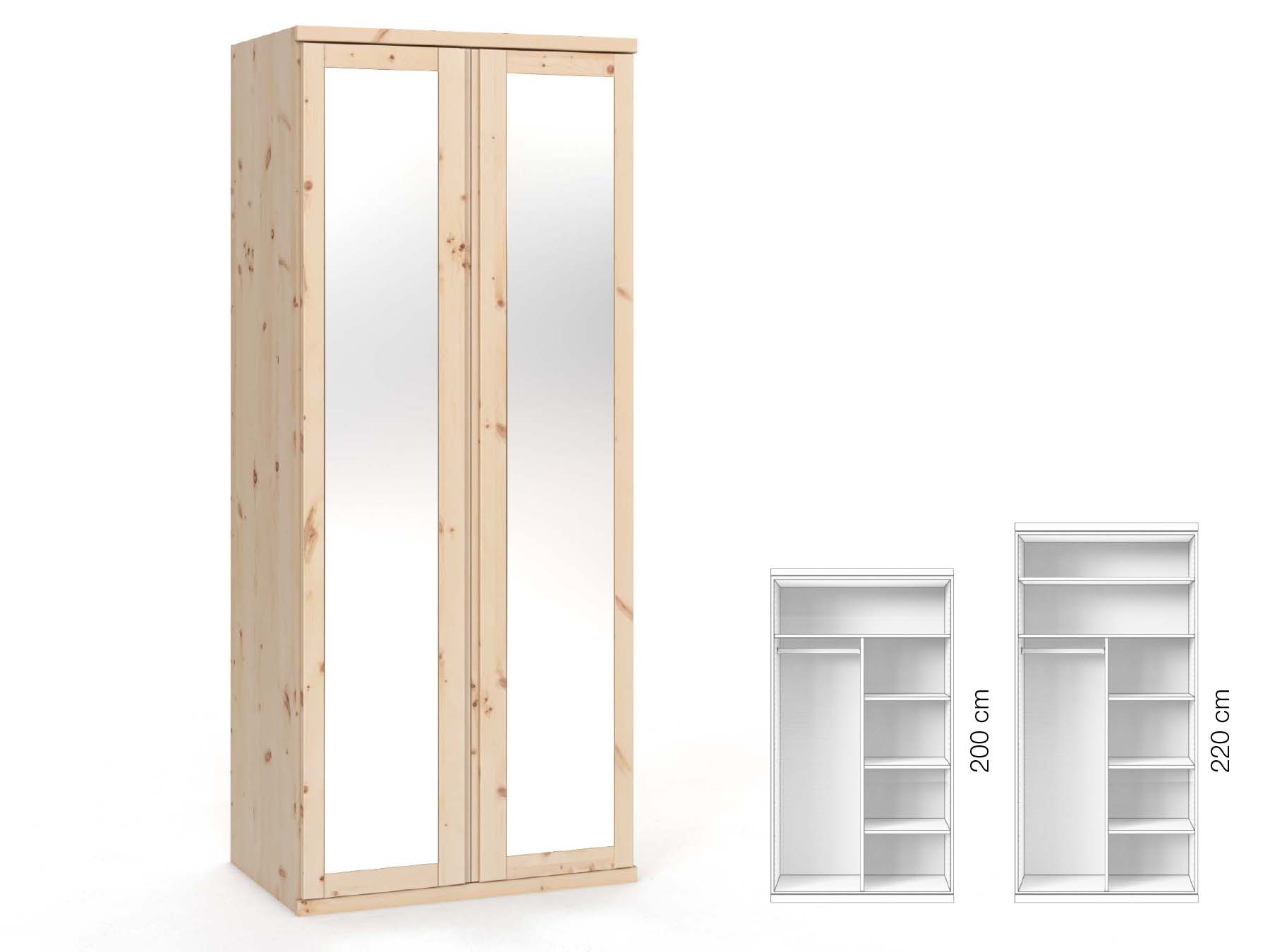 Zirbenschrank „Sandra“, 2-türig, Höhe 220 cm, Griffausführung „Patrizia“, Inneneinrichtung: B