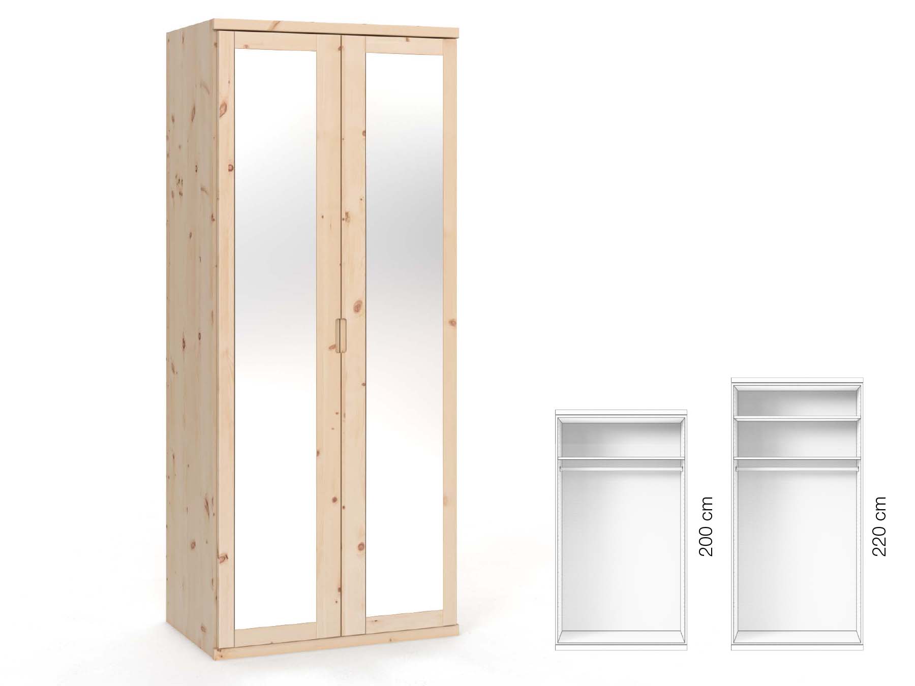 Zirbenschrank „Sandra“, 2-türig, Höhe 220 cm, Griffausführung „Lukas“, Inneneinrichtung: A
