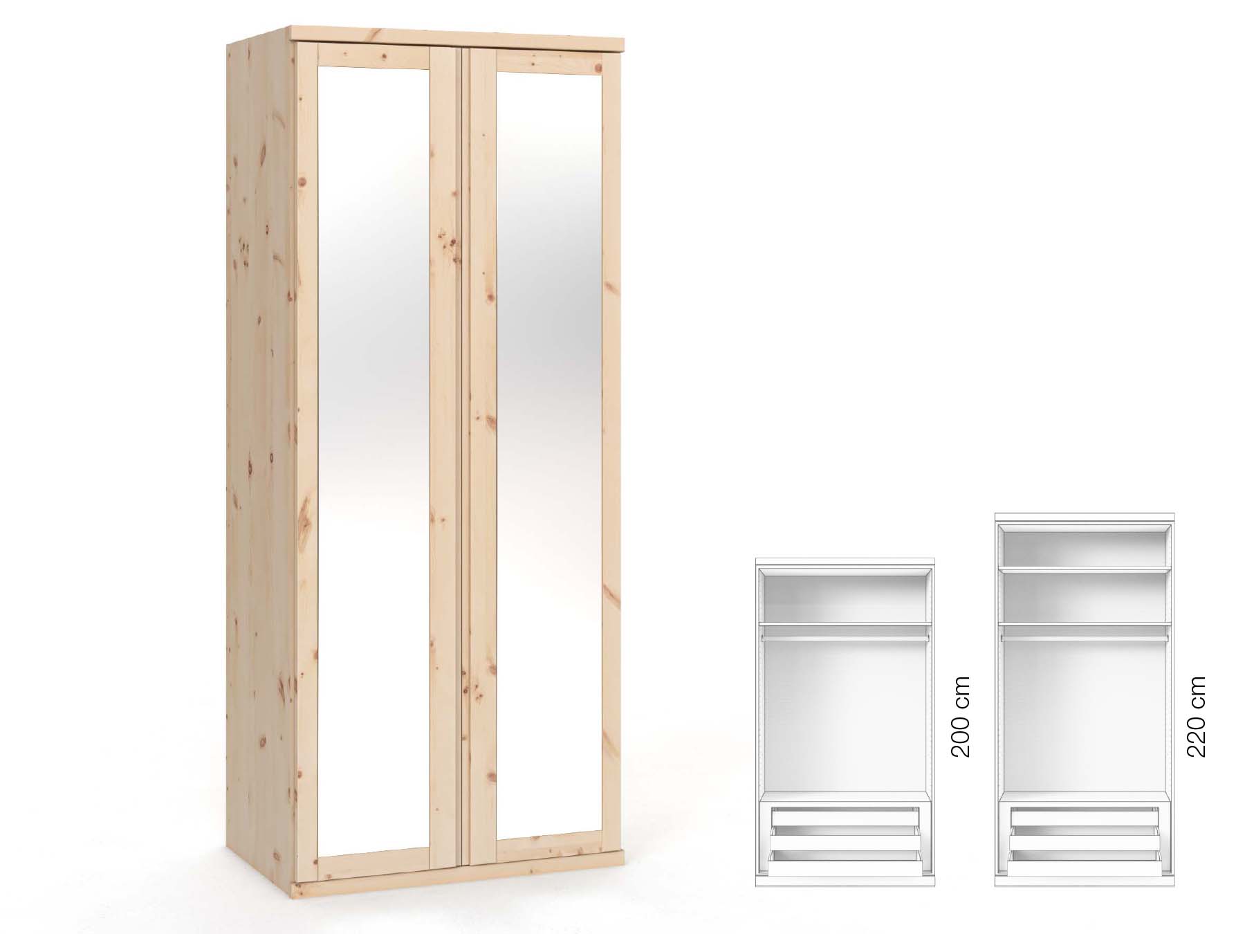 Zirbenschrank „Sandra“, 2-türig, Höhe 220 cm, Griffausführung „Patrizia“, Inneneinrichtung: D
