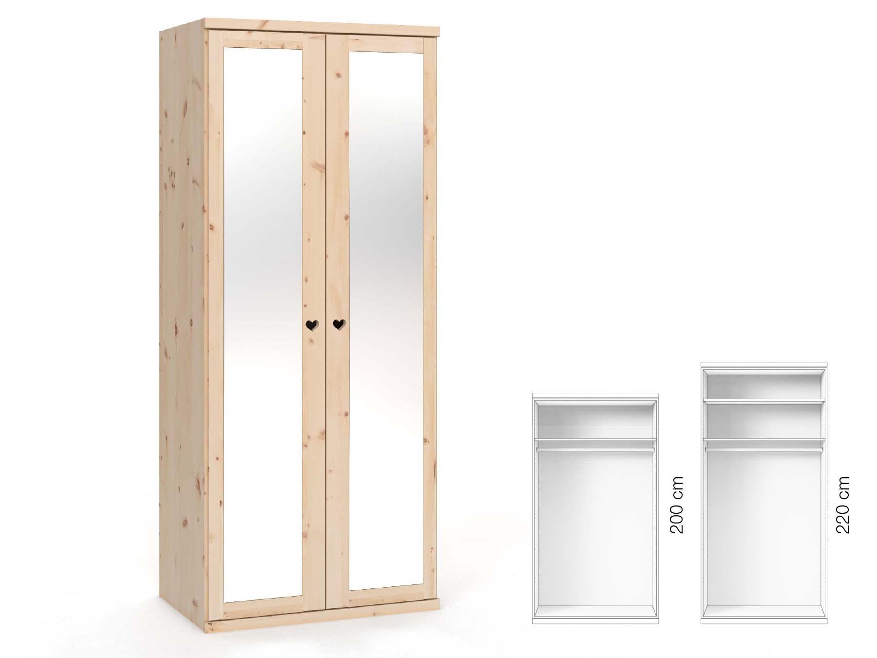 Zirbenschrank „Sandra“, 2-türig, Höhe 220 cm, Griffausführung „Heidi“, Inneneinrichtung: A