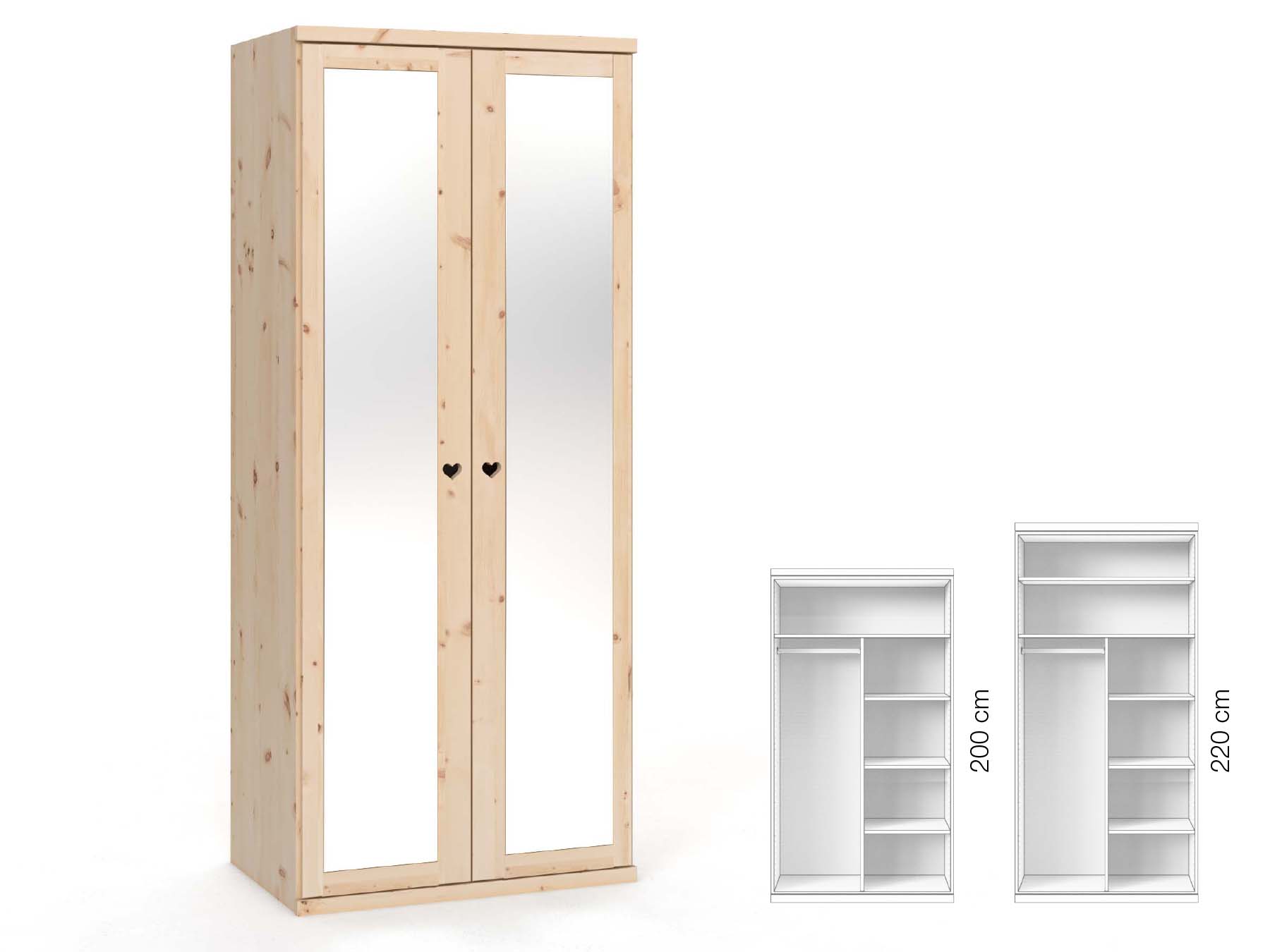 Zirbenschrank „Sandra“, 2-türig, Höhe 220 cm, Griffausführung „Heidi“, Inneneinrichtung: B