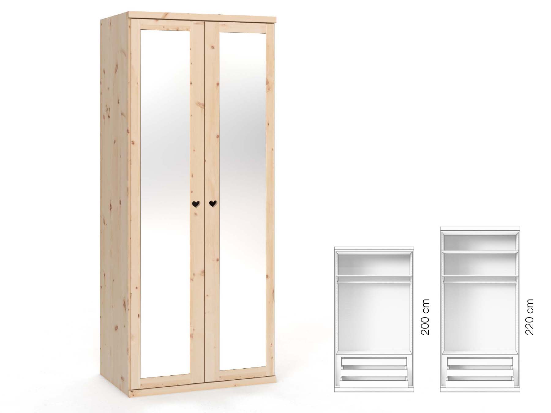 Zirbenschrank „Sandra“, 2-türig, Höhe 220 cm, Griffausführung „Heidi“, Inneneinrichtung: D