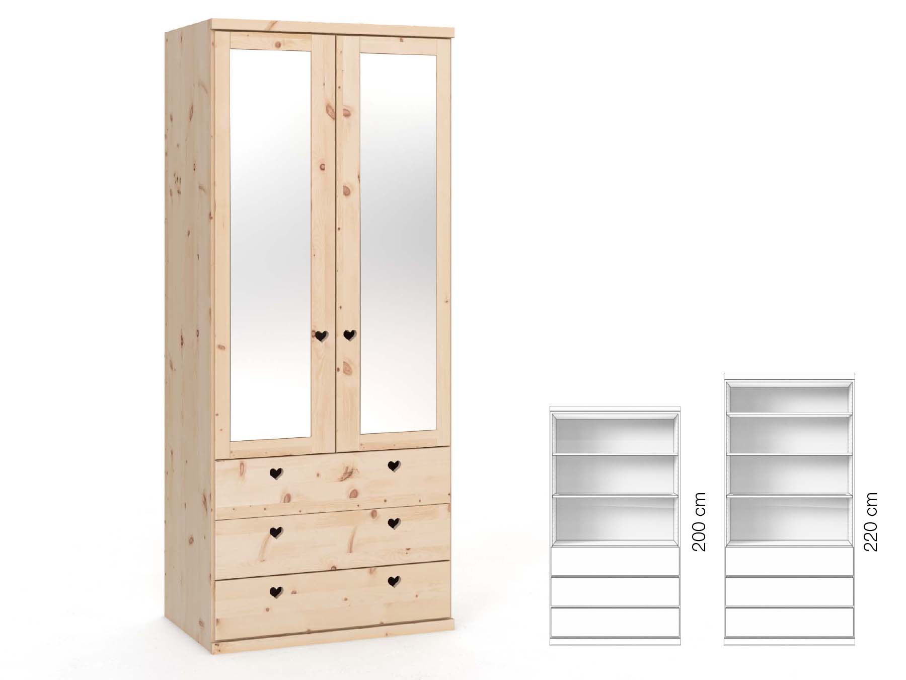 Zirbenschrank „Sandra“, 2-türig, Höhe 220 cm, Griffausführung „Heidi“, Inneneinrichtung: E