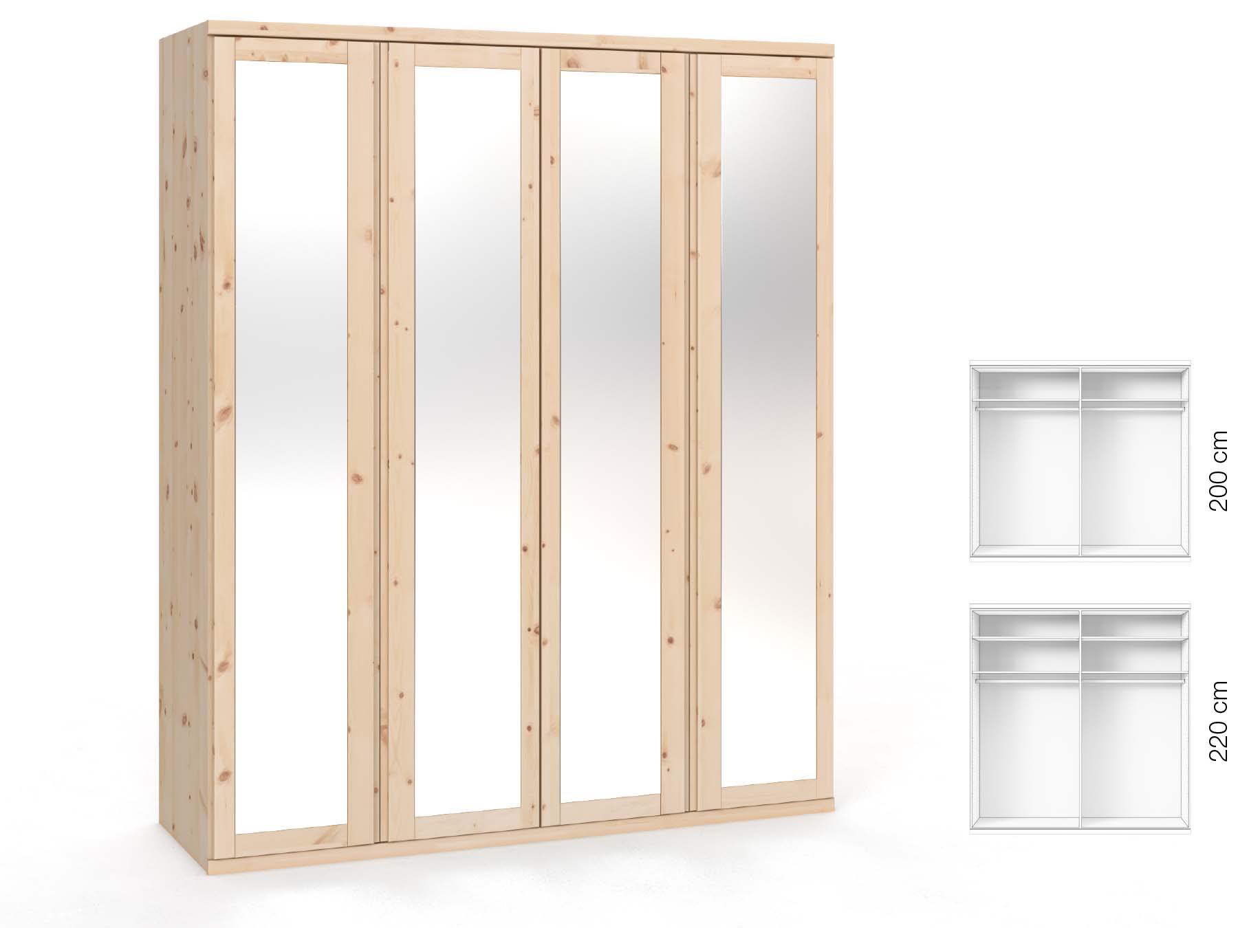 Zirbenschrank „Sandra“, 4-türig, Höhe 220 cm, Griffausführung „Patrizia“, Inneneinrichtung: A