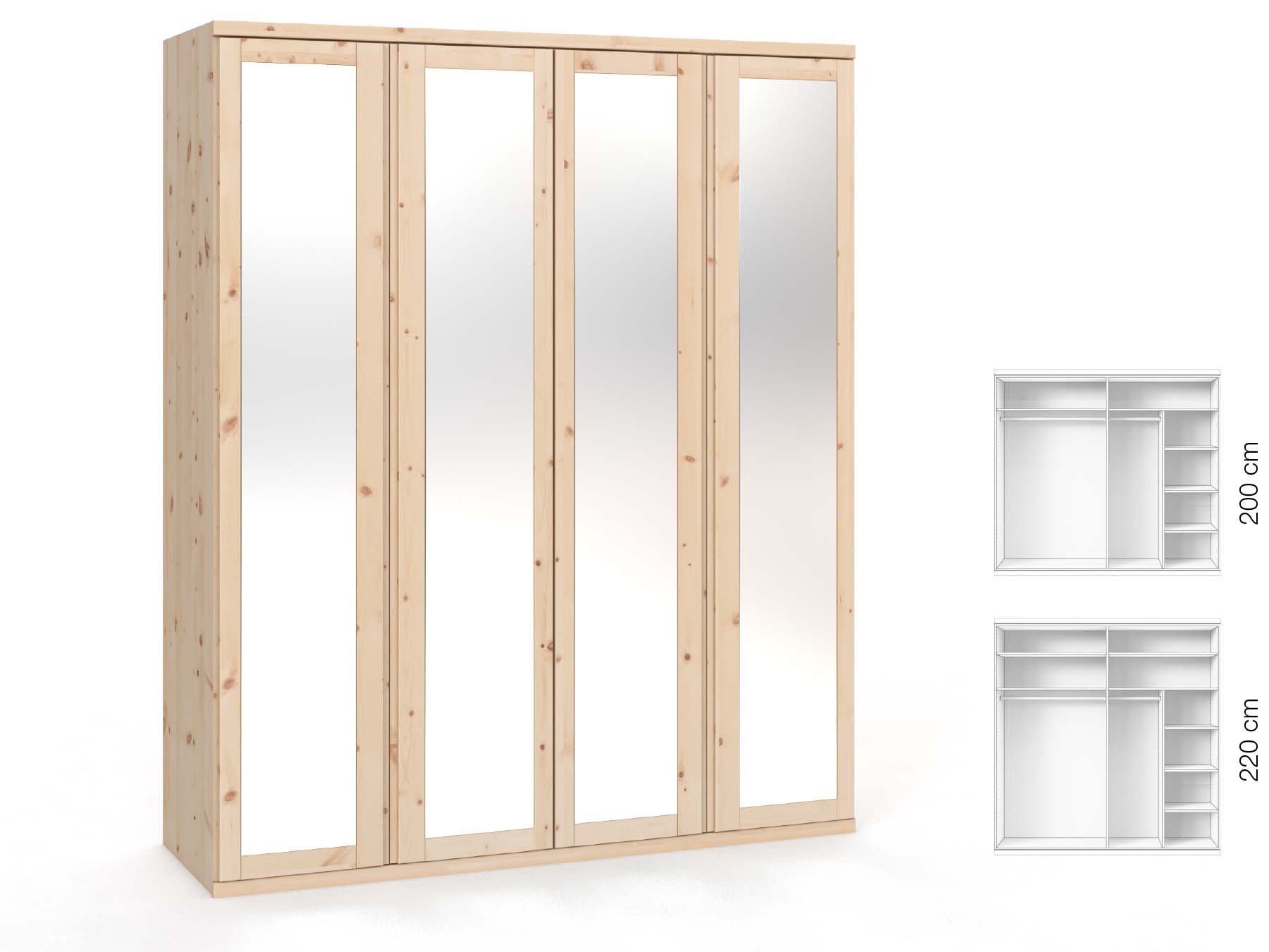 Zirbenschrank „Sandra“, 4-türig, Höhe 220 cm, Griffausführung „Patrizia“, Inneneinrichtung: B