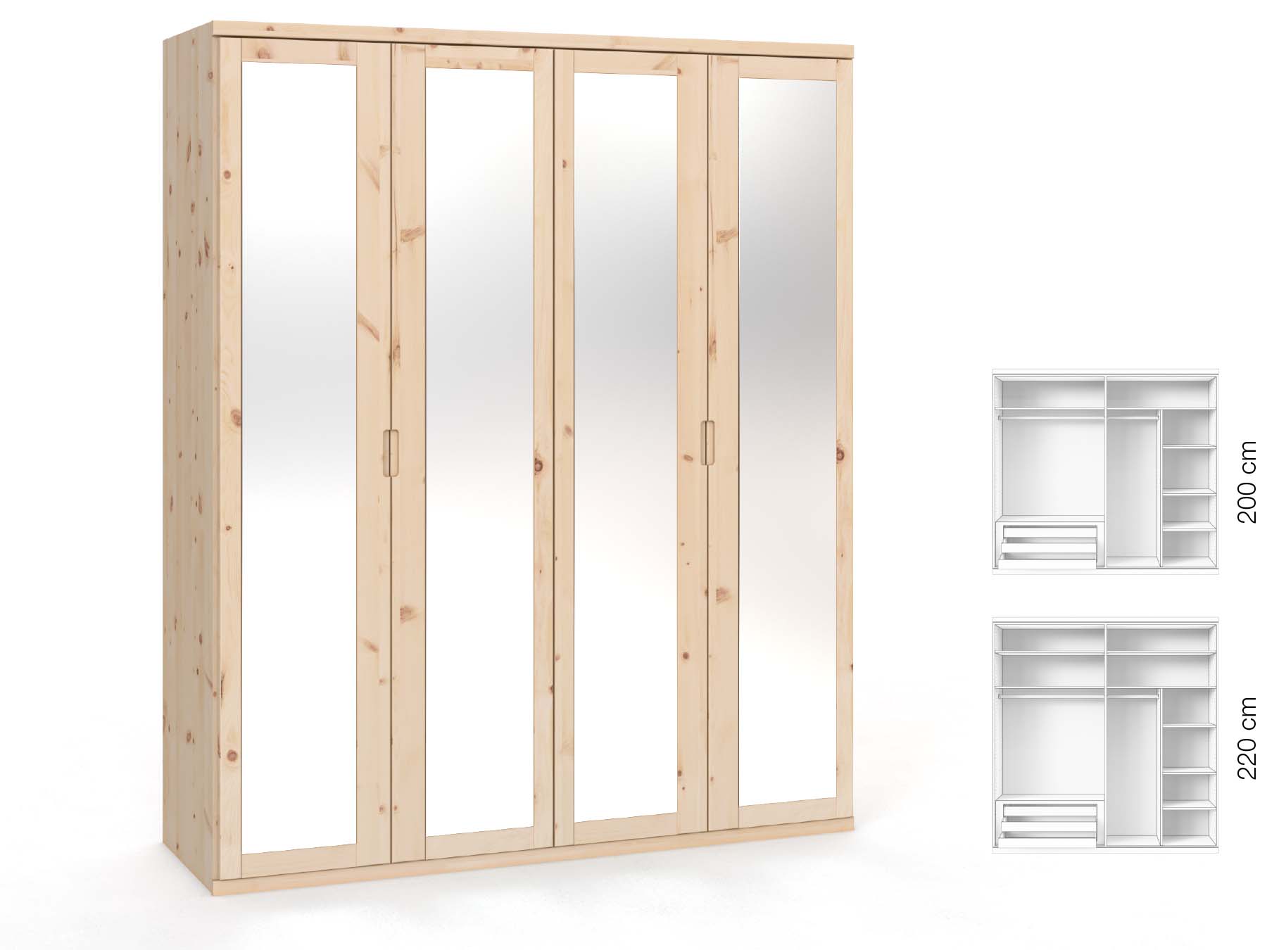 Zirbenschrank „Sandra“, 4-türig, Höhe 220 cm, Griffausführung „Lukas“, Inneneinrichtung: C