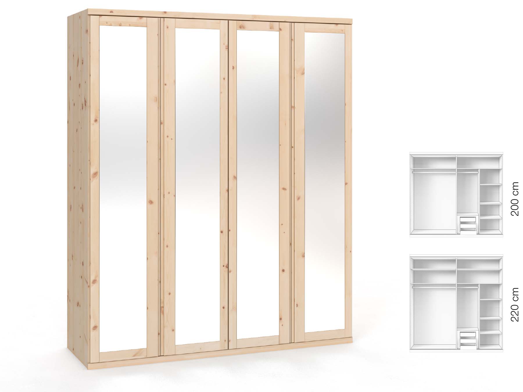 Zirbenschrank „Sandra“, 4-türig, Höhe 220 cm, Griffausführung „Patrizia“, Inneneinrichtung: D