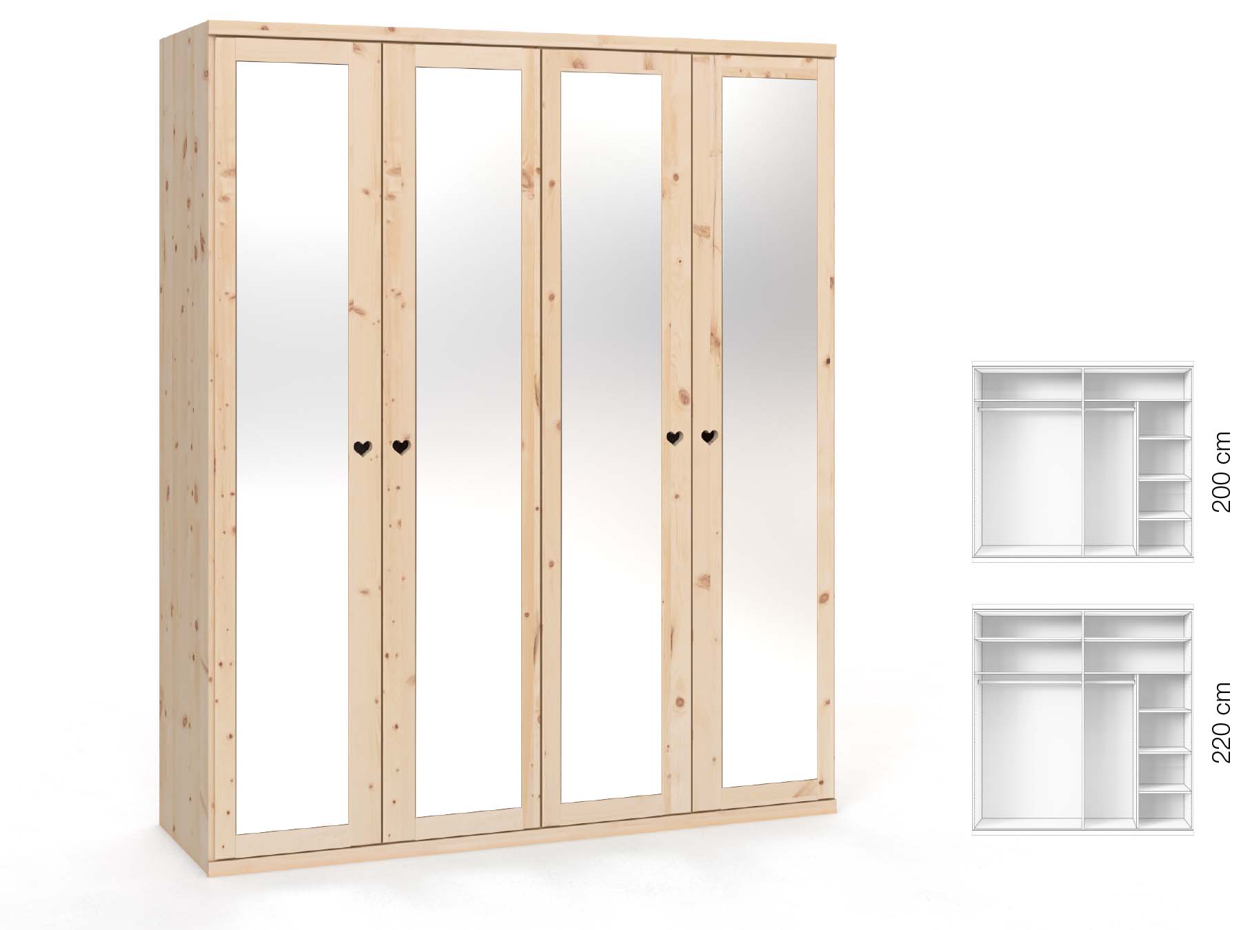 Zirbenschrank „Sandra“, 4-türig, Höhe 220 cm, Griffausführung „Heidi“, Inneneinrichtung: B