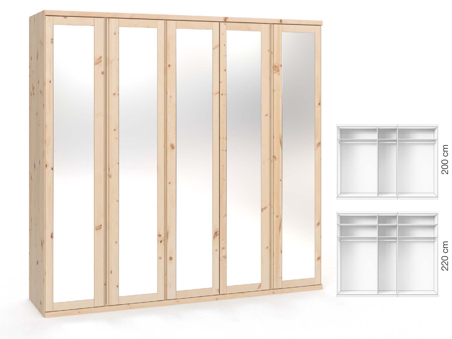Zirbenschrank „Sandra“, 5-türig, Höhe 220 ​cm, Griffausführung „Patrizia“, Inneneinrichtung: A
