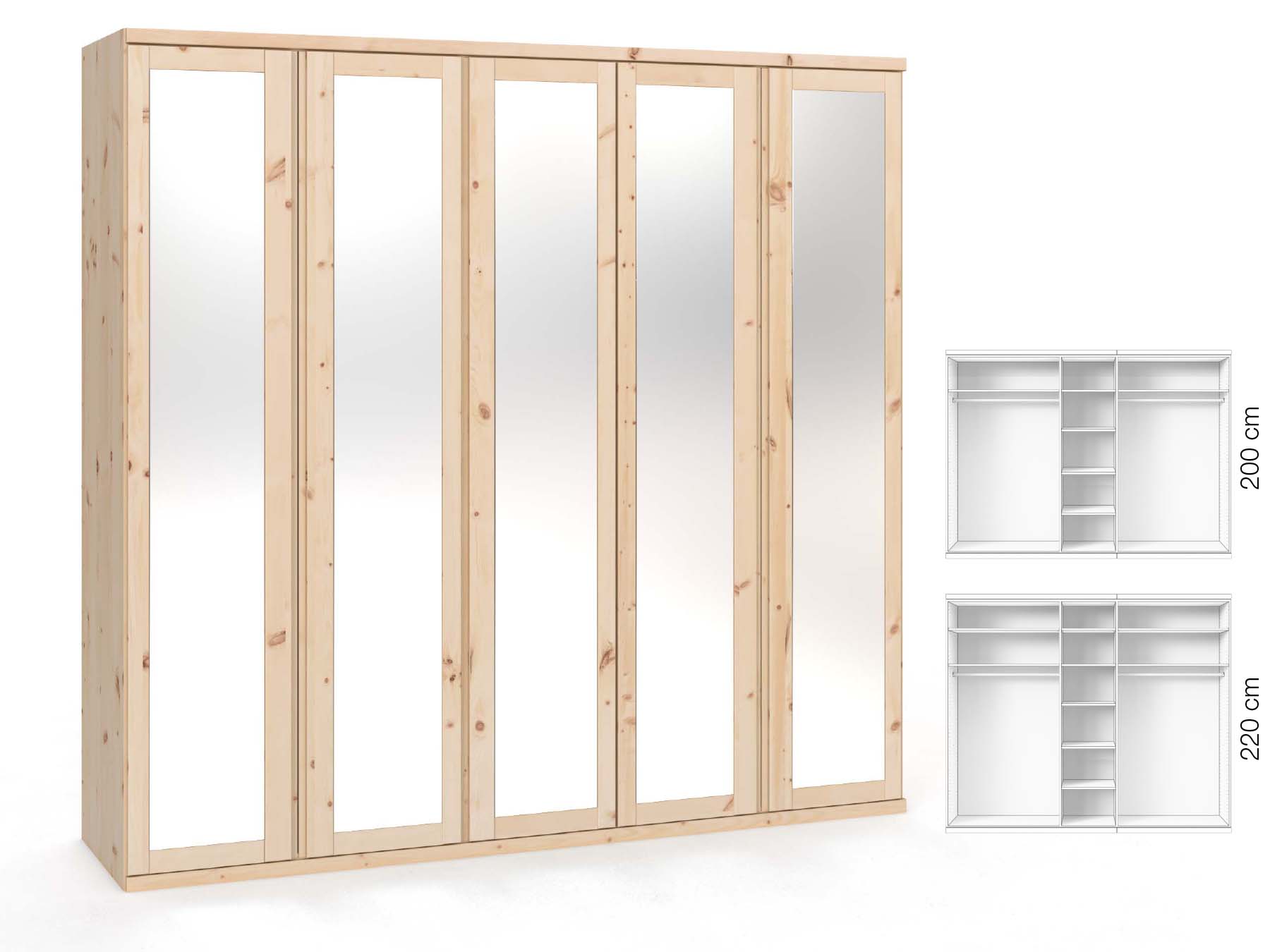 Zirbenschrank „Sandra“, 5-türig, Höhe 220 ​cm, Griffausführung „Patrizia“, Inneneinrichtung: B