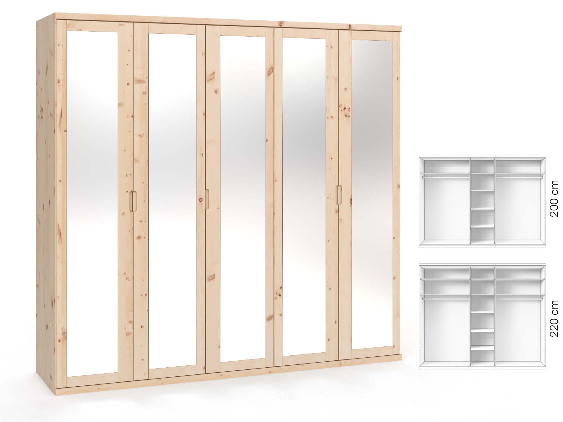 Zirbenschrank „Sandra“, 5-türig, Höhe 220 ​cm, Griffausführung „Lukas“, Inneneinrichtung: B