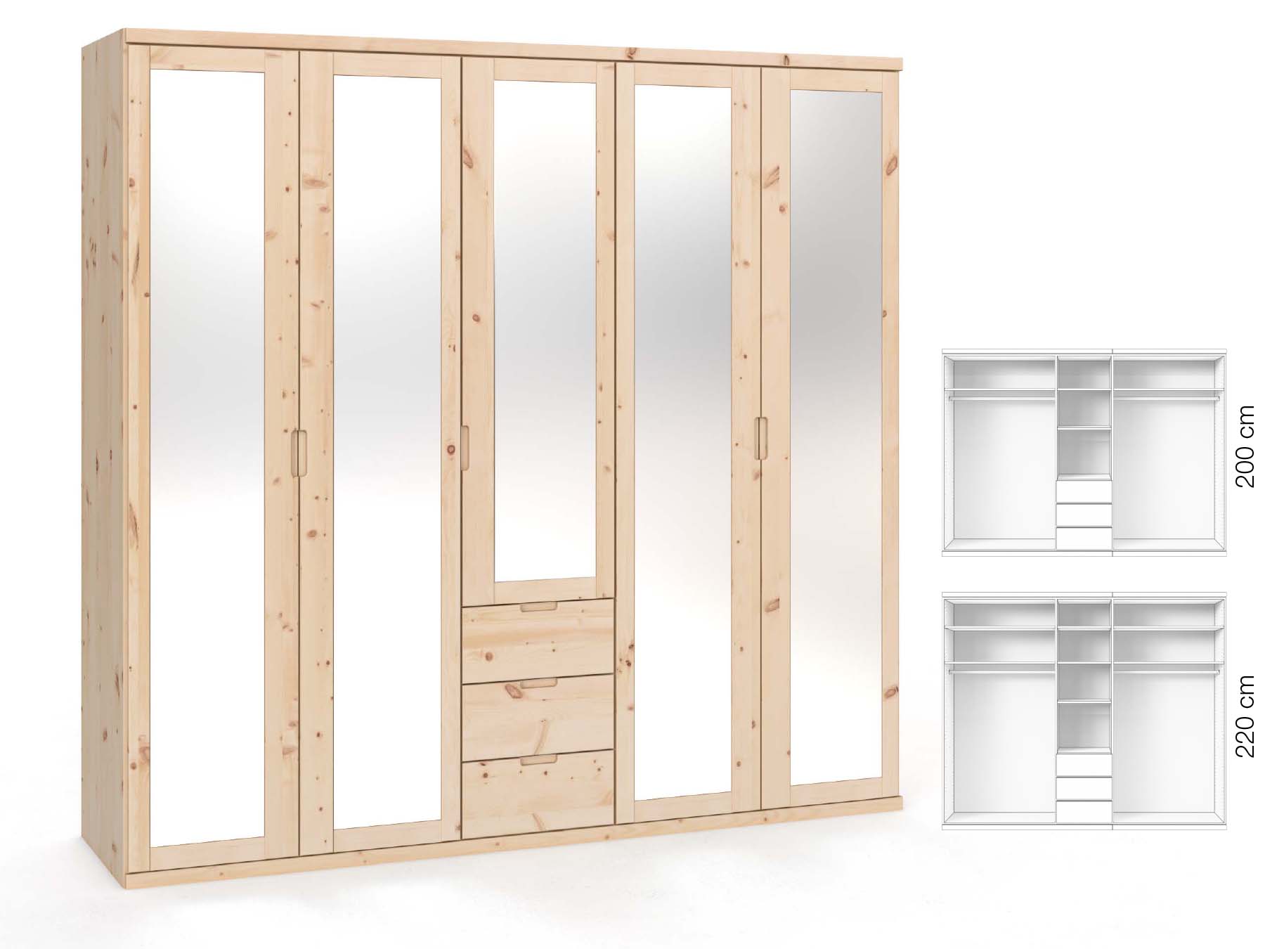 Zirbenschrank „Sandra“, 5-türig, Höhe 220 ​cm, Griffausführung „Lukas“, Inneneinrichtung: E