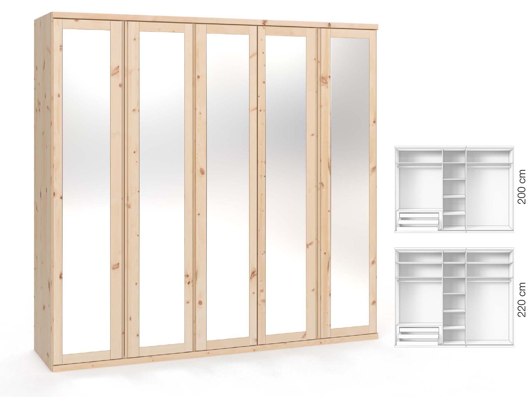 Zirbenschrank „Sandra“, 5-türig, Höhe 220 ​cm, Griffausführung „Patrizia“, Inneneinrichtung: C